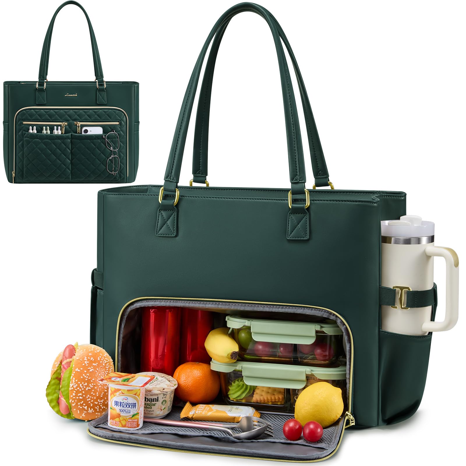 LOVEVOOK Work Bag with Lunch Compartment, 15.6-Inch Teacher Tote for Women | 3 in 1 Insulated Lunch Bag with 40OZ Cup Holder, 14 Pockets PU Leather Laptop Tote for Nurses, Office, Travel, Casual, Picnic 15.6 inch Dark Green-a