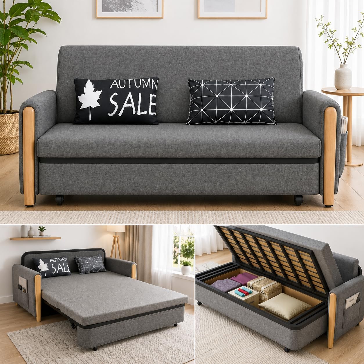 UNICORN FURNITURE Sofabed Modern Reclining Foldable Bed Pull Out Sofa Bed With Storage for Living Room Space Saving Sofabed Multifunctional in Made to Match Cushions (Grey Black Padded Armrests)