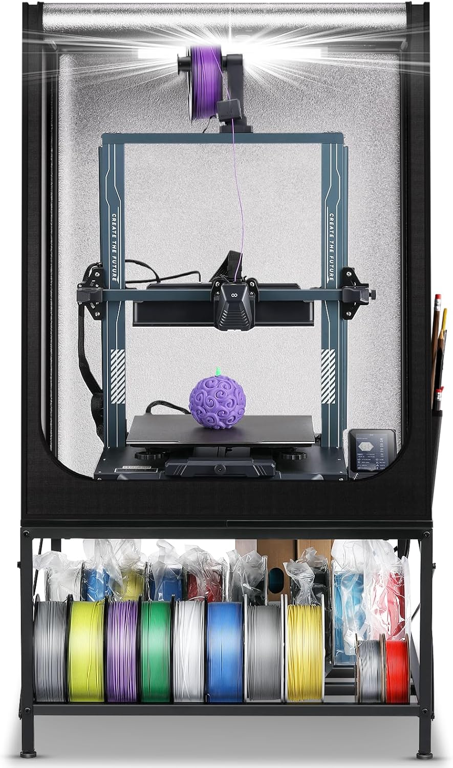 3D Printer Table with Enclosure - Heavy Duty 3D Printing Workstation with 2-Tier Filament Storage Rack, Waterproof & Constant Temperature Cover with LED Light Fits Most FDM Printers