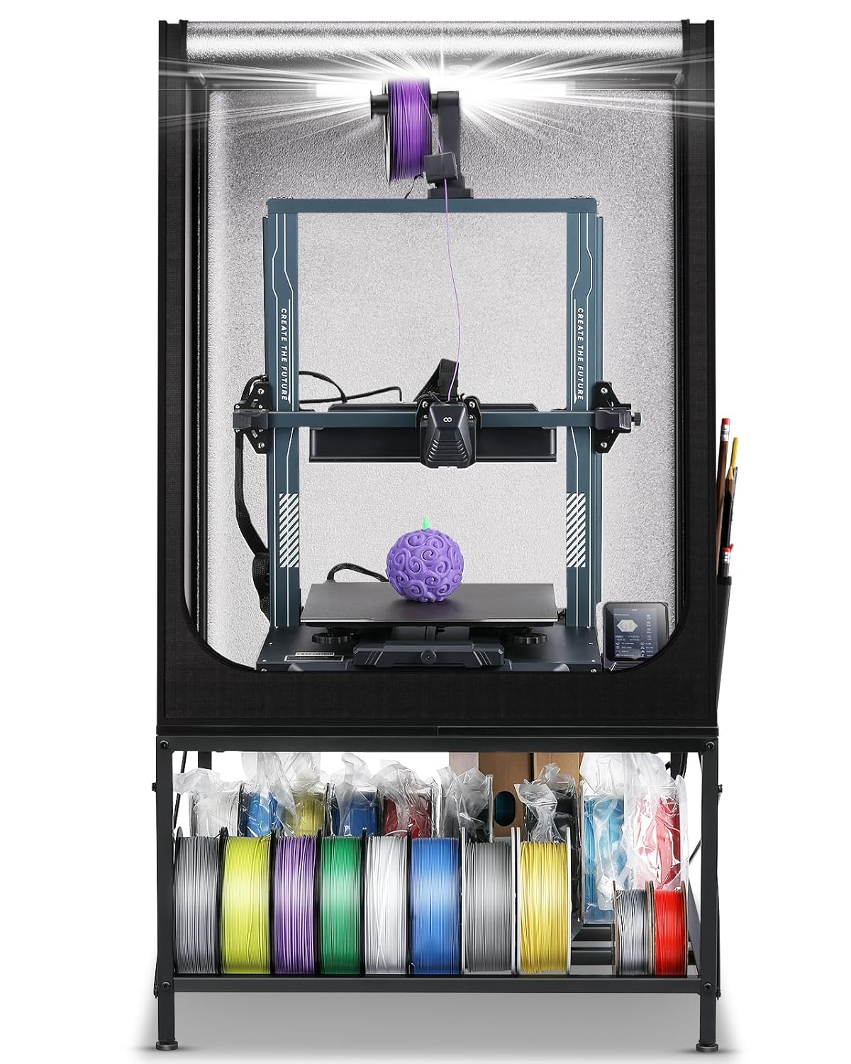 3d printer enclosure with stand - 3d printer table with filaments storage and enclosure with led light, fireproof waterproof dustproof noise reduction constant temperature 3d cover black-with 3d printer enclosure