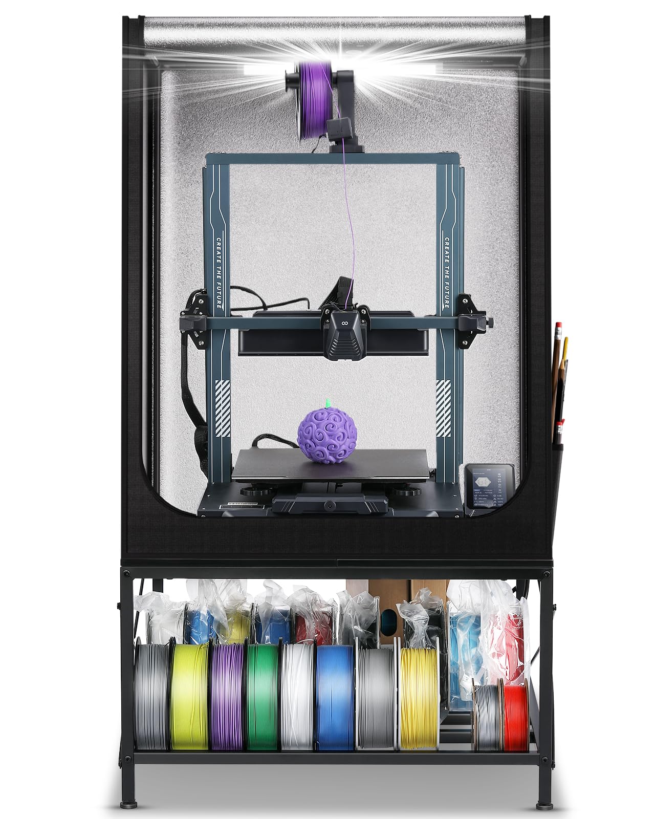 Photo 1 of 3D Printer Stand with Enclosure - 3D Printer Table with Filaments Storage and Enclosure with LED Light, Fireproof Waterproof Dustproof Noise Reduction Constant Temperature 3D Cover (Classic Black)