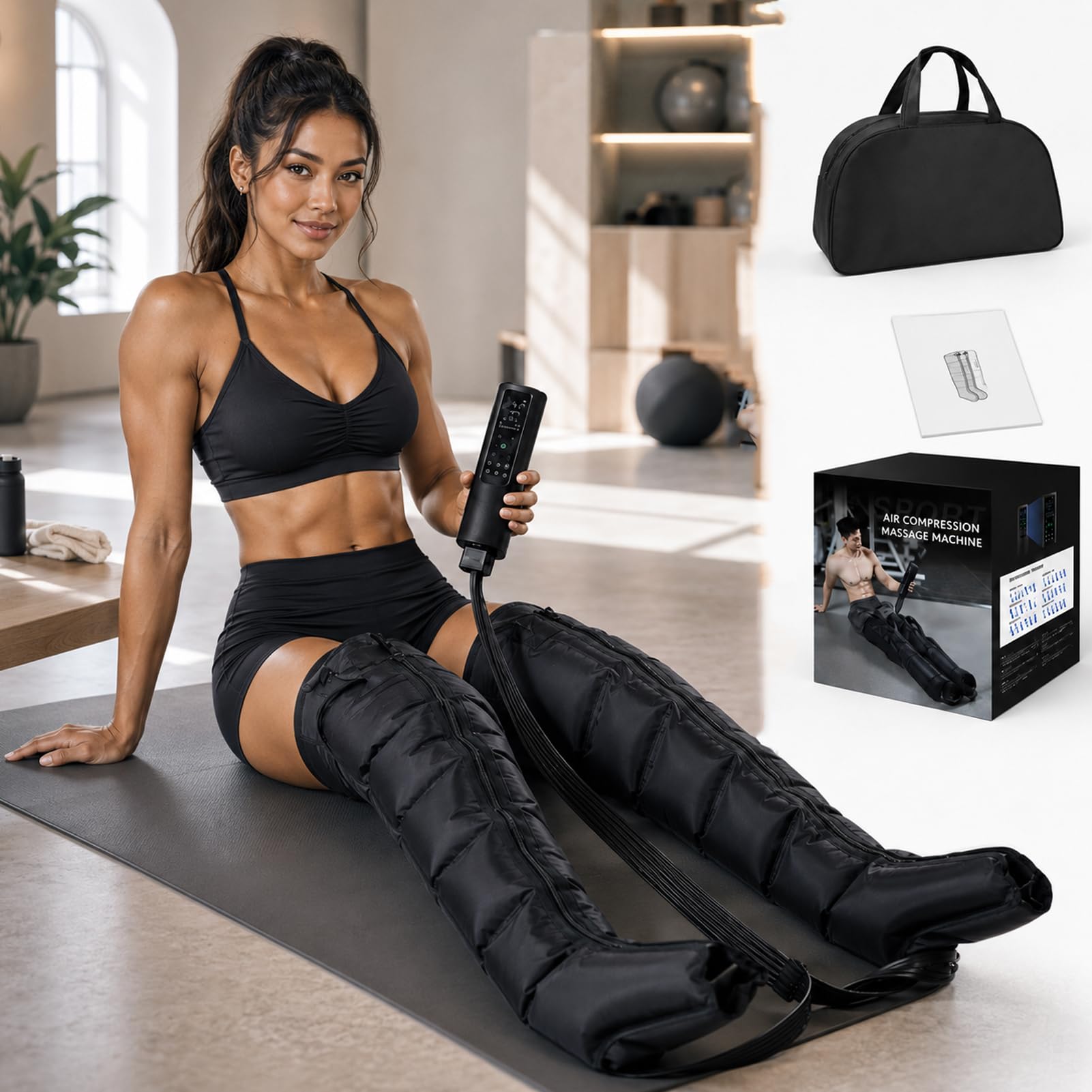 Presoterapia Recargable, Botas de Compresión de 6 Cámaras para Piernas, Masajeador de Drenaje Linfático Eléctrico con Control Inteligente y Presión Ajustable