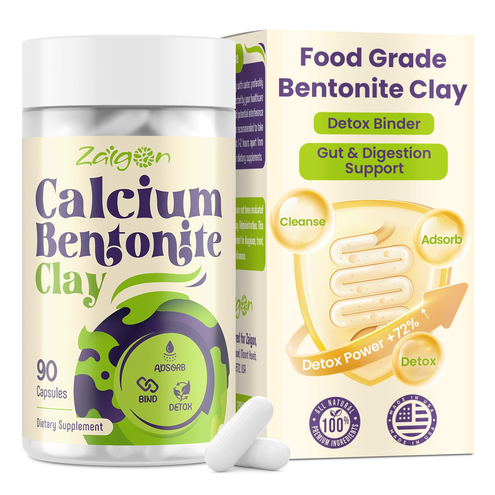 Calcium Bentonite Clay Detox Capsules | Detox Binder for Colon Cleanse & Gut Health | Food Grade Clay 1600mg Binds Mold, Heavy Metals | Detox Cleanse for Women & Men, Clean Label - 90 Capsules