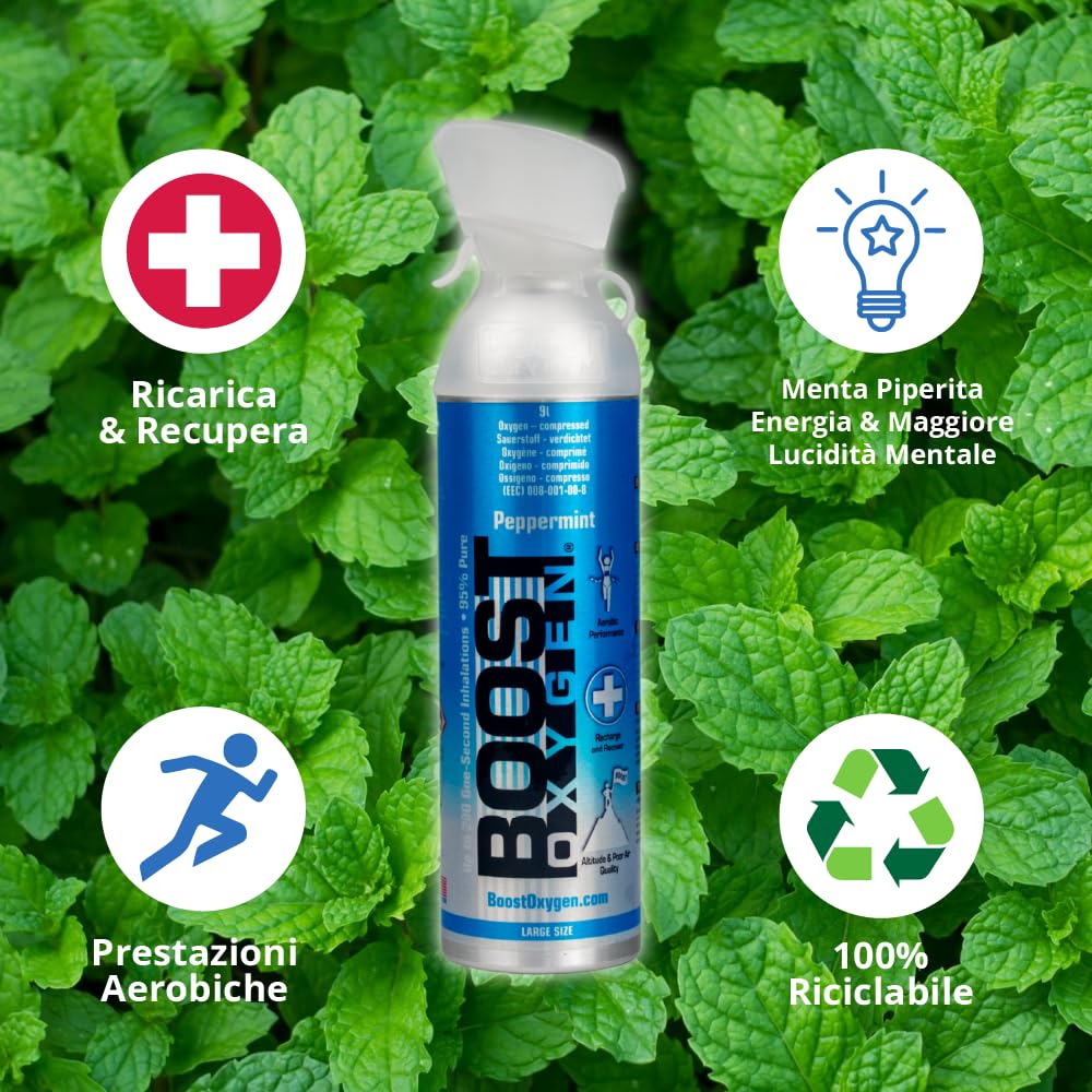 Boost Oxygen Menta Piperita 9L (3 Pack) | Bomboletta di Ossigeno Puro al 95% Portatile per Recupero, Concentrazione e Energia
