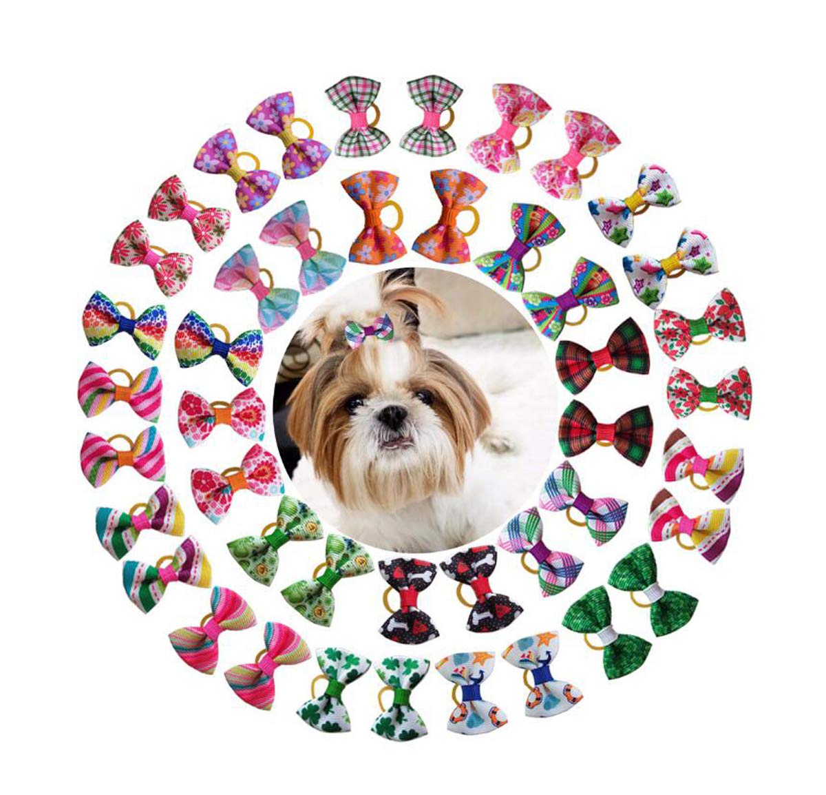 Ewanda store 20 Pcs Pet Head Plaid Bow Classic Pet Accessories Dog Bows Pet Grooming Hair Bows Topknot Rubber Bands