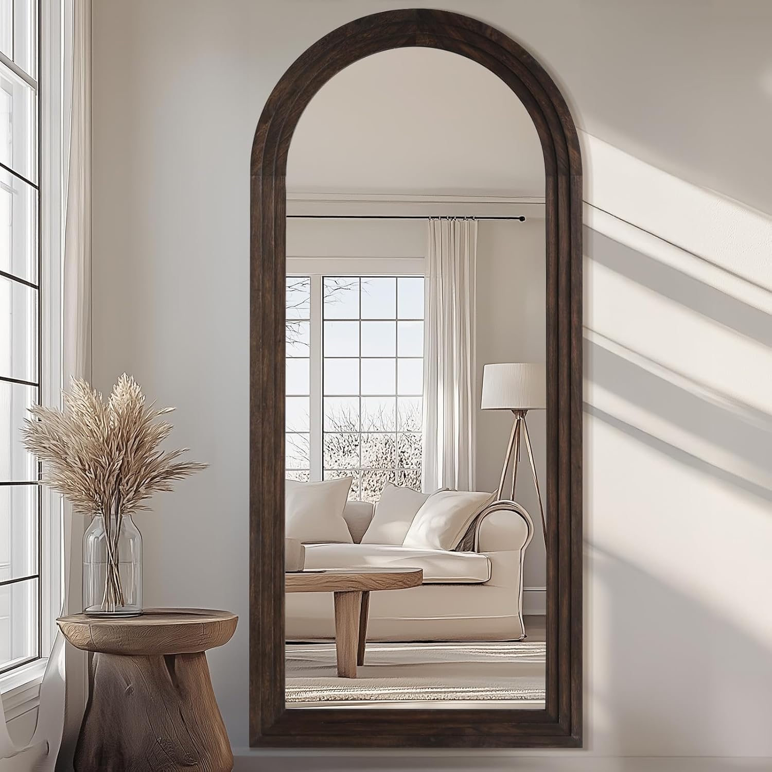 MELOMOIR Arched Full Length Mirror with Solid Wood Frame, 71"x32" Rustic Farmhouse Large Floor Mirror with Stand, Free Standing Leaning Hanging, for Bedroom Living Room Dressing Room Entryway, Brown