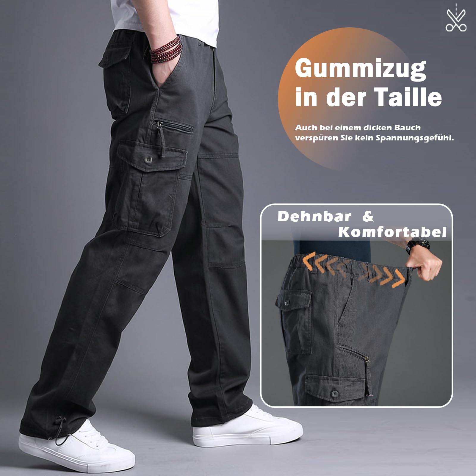 Cargohose Herren aus Baumwolle Cargo Hose mit 7 Taschen Elastische Taille Freizeithose