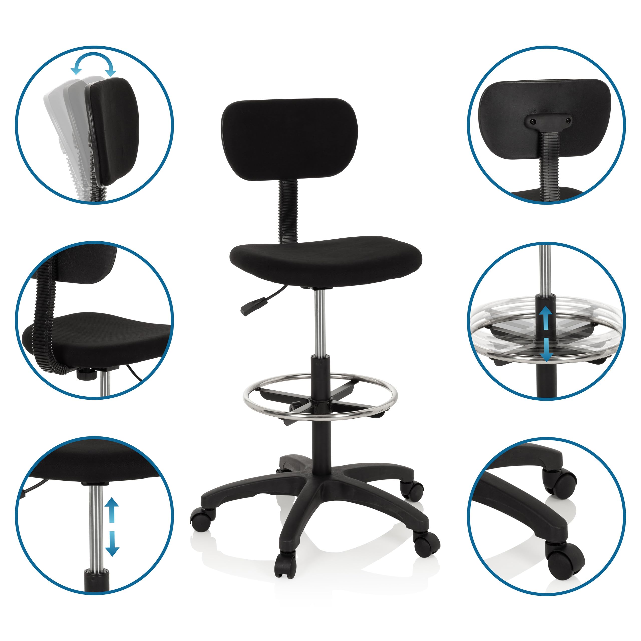 hjh OFFICE 671004 Arbeitsstuhl mit Fußring TOP Work 05 Stoff Schwarz Counterstuhl Drehstuhl mit Rollen, höhenverstellbar