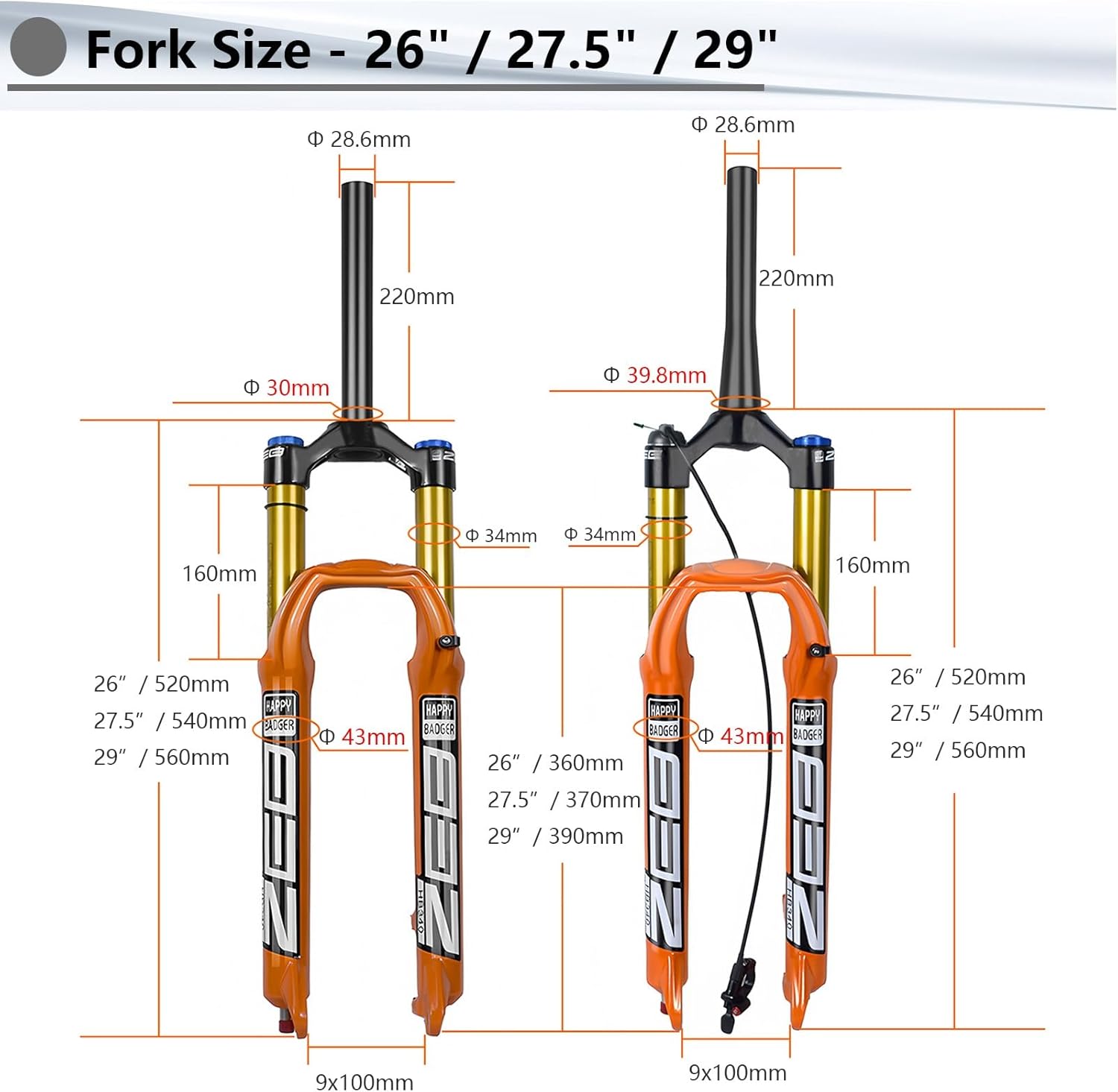 Mountain Bike Fork 26/27.5/29 Inch 160mm Travel, Bicycle Front Forks, Air Suspension for AM, XC, MTB, Downhill Cycling - Orange