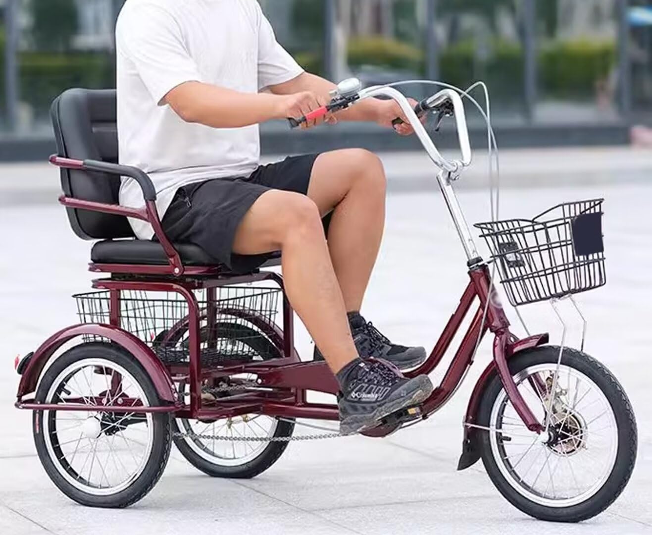 16-calowy rower trójkołowy z rikszą dla dorosłych, hulajnoga trójkołowa dla osób starszych, wygodne siedzisko z gąbki z podłokietnikiem, trójkołowy rowerek wycieczkowy z 3 kołami