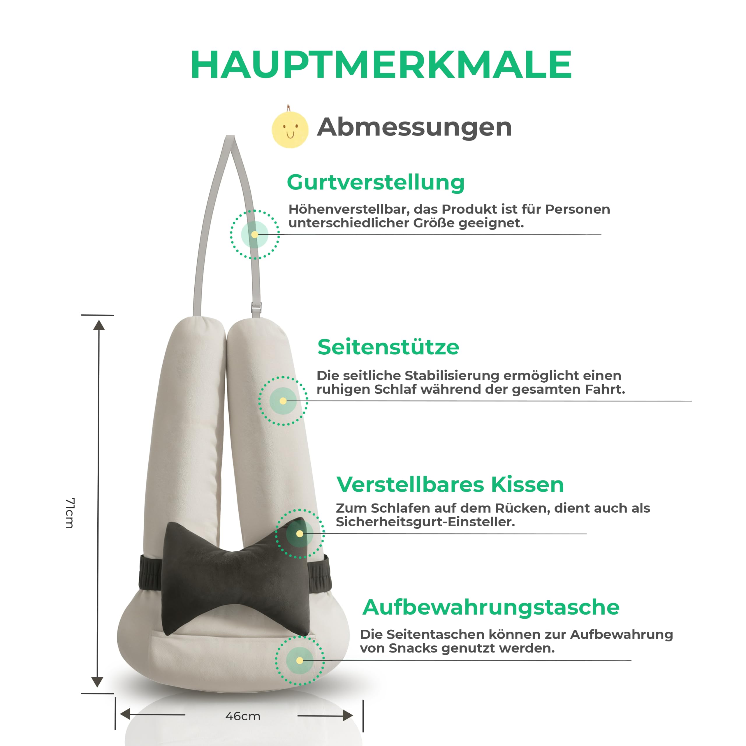 Reisekissen Memory Foam, Ergonomisches Nackenkissen für Flugzeug, Auto und Bahn, Beige 71 x 46 x 12 cm