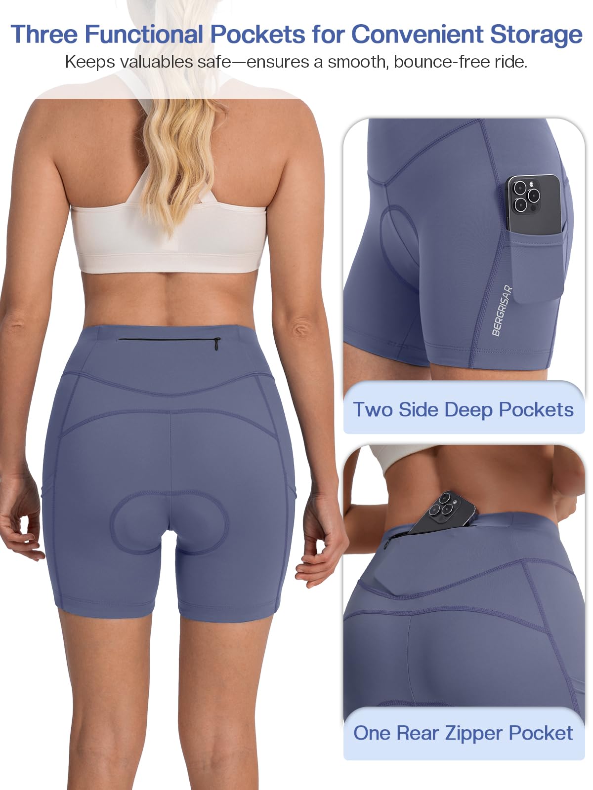 BERGRISAR Short de cyclisme rembourré 4D pour femme avec 3 poches | Tissu évacuant l'humidité, 3 poches sécurisées, ouvertures antidérapantes pour les jambes