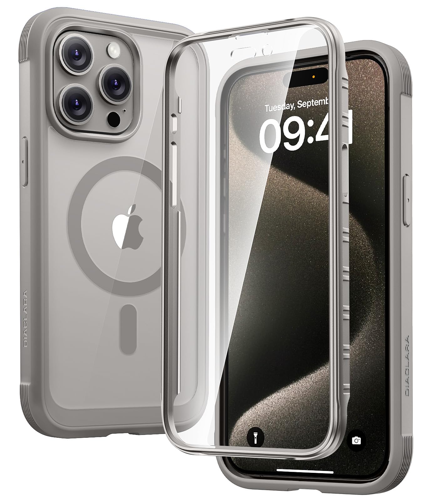 Diaclara Magnetic Designed for iPhone 15 Pro Max Case Full Body Bumper,[Compatible with MagSafe] Military Drop Proof Cover with Built-in Touch Sensitive Anti-Scratch Screen Protector,Grey Titanium