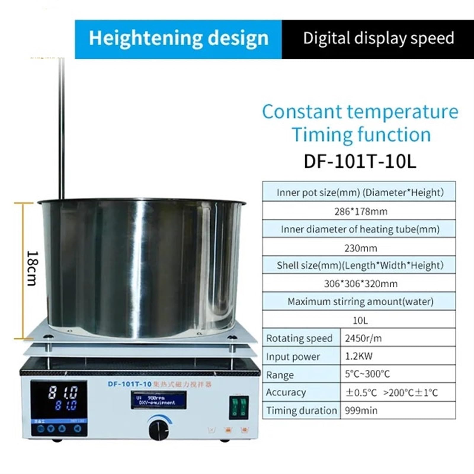Agitatore magnetico riscaldante da 10 litri DF-101T-10L Laboratorio Display digitale Miscelatore a temperatura costante Temporizzato(DF-101T-10L)