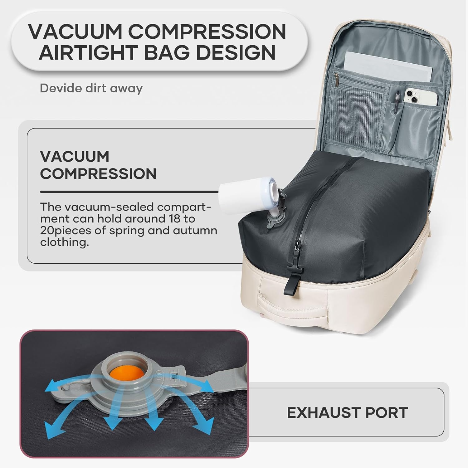 Travel Backpack for Men Women, 40L Carry On Backpacks with Pump Vacuum Compression System, Built-in USB Charger Port, Laptop Compartment 15.6 Inch, Flight Approved Business Back Pack, Beige - Image 5