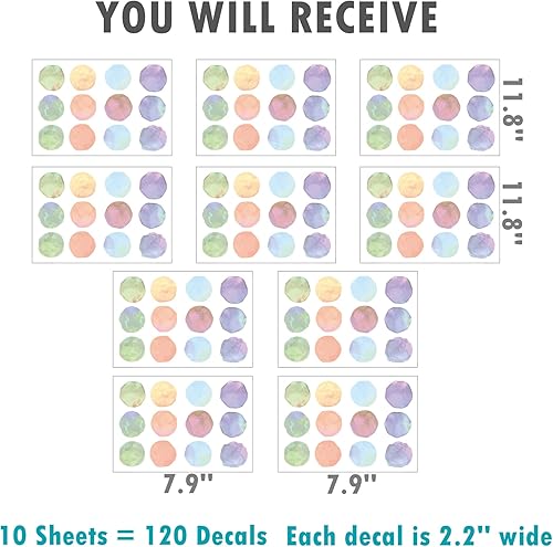 Miniatura 10 de ROFARSO 120 calcomanías de 2.2 pulgadas, calcomanías de pared de lunares coloridos de acuarela, decoración de bricolaje para niños, niñas,