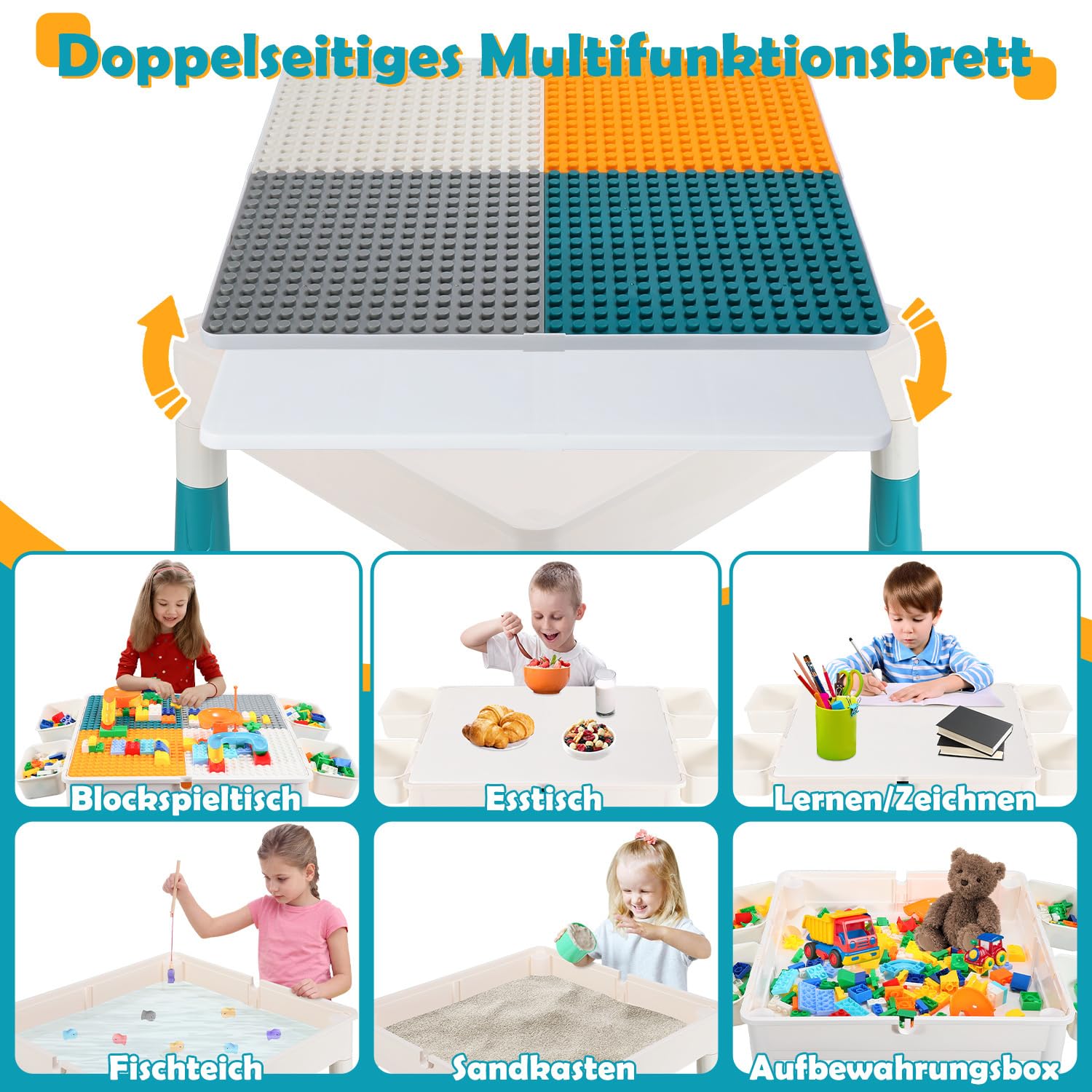 Kindertisch mit 2 Stühlen, Bausteintisch 2-in-1 mit Wendplatte, höhenverstellbar 44/51 cm, Spieltisch mit 4 Boxen und Innenfach, 251 Bausteine, Bastel- und Lerntisch, Weiß/Türkis