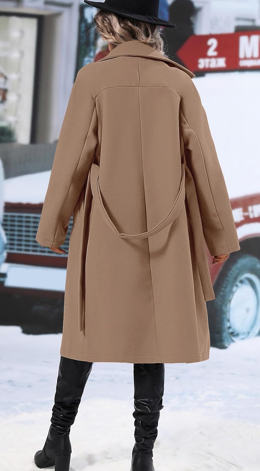 SAUKOLE Women's Trendy Lapel Collar Double Breasted Wool Blend Coats Winter Pea Overcoat Pocketed Outwear with Belt - Image 5