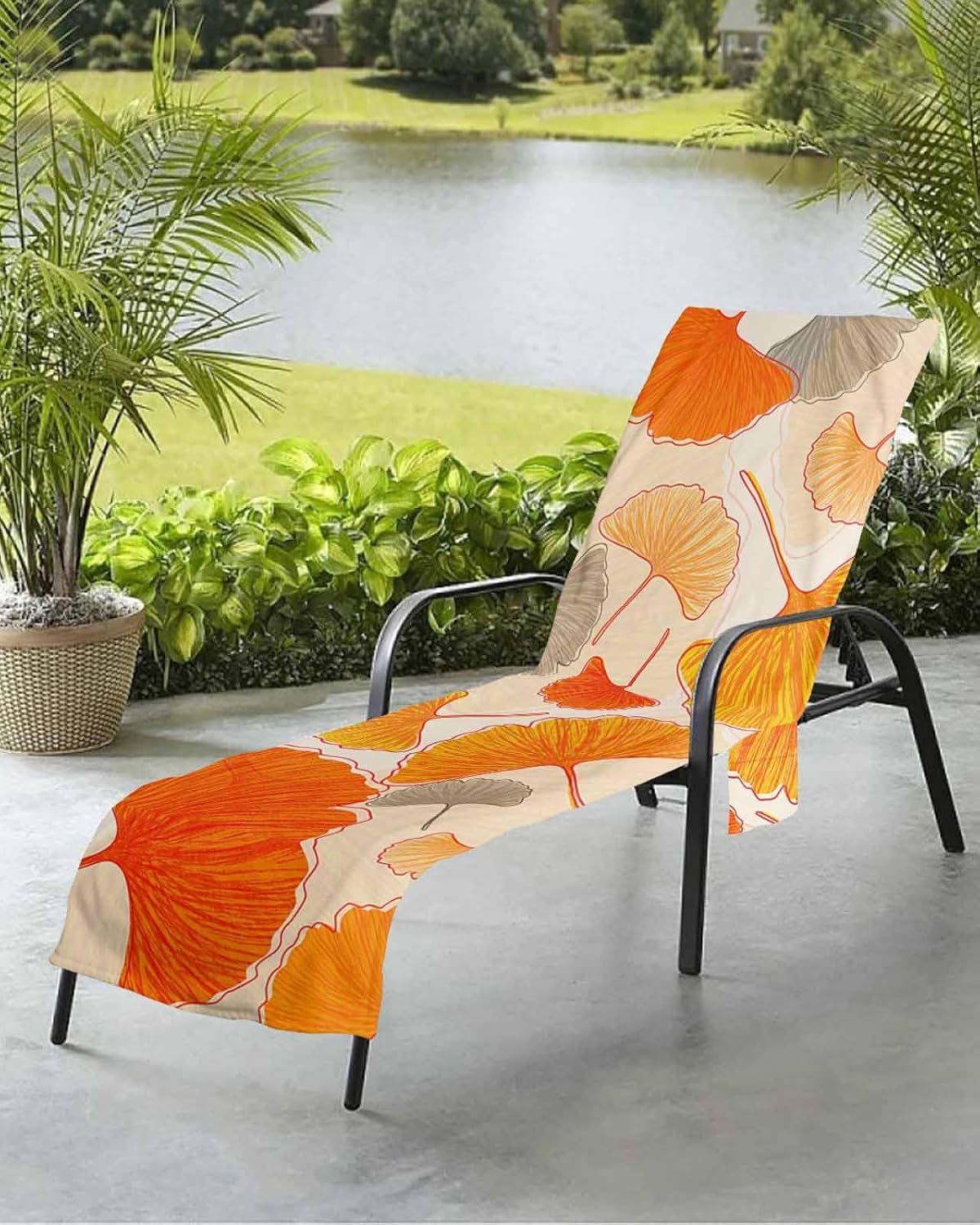 Fall Leaves Beach Pool Patio Lounge Chaise Chair Cover Towel With Pockets,Absorbent & Quick Dry Microfiber Towel Cover Bag Summer Accessories for Sunbathing Retro Middle Century Orange Yellow Leaf