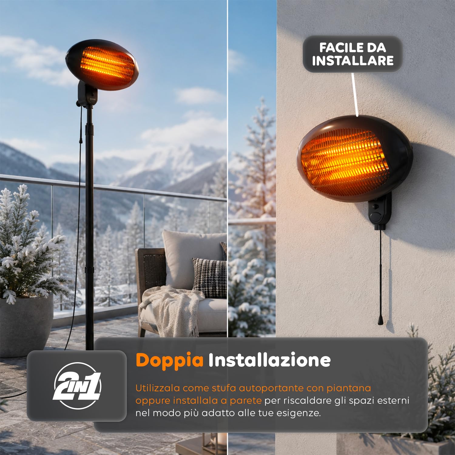 Avilia – Riscaldatore da Patio Verticale con 3 Livelli di Riscaldamento, Altezza Regolabile 130–200 cm, Testa Inclinabile a 45°, Riscaldamento Elettrico a Basso Consumo per Esterni