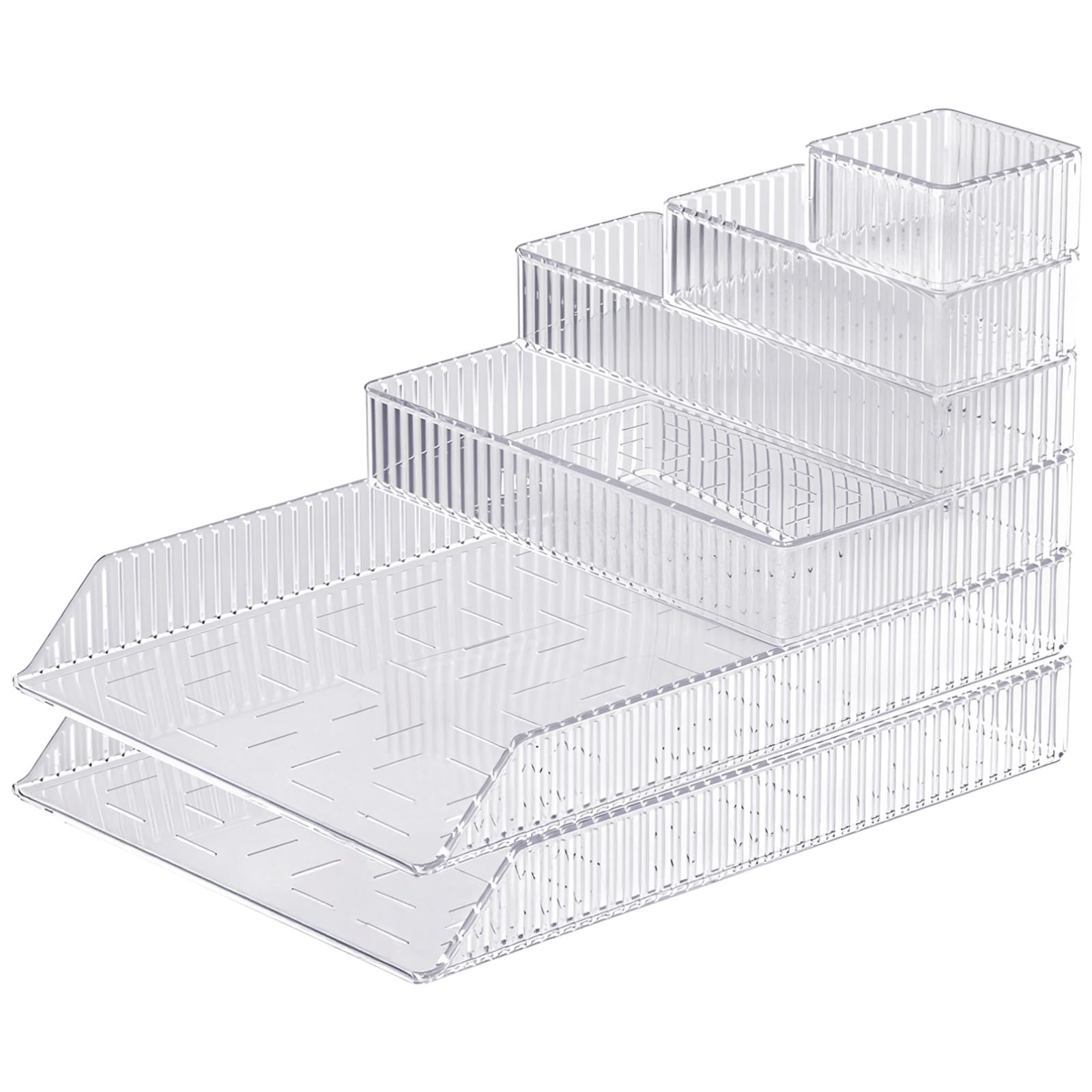6 organizer per cassetti da toeletta, in acrilico PET trasparente, in 5 dimensioni, modulari impilabili, organizer per cassetti per trucco, scrivania da ufficio, cucina