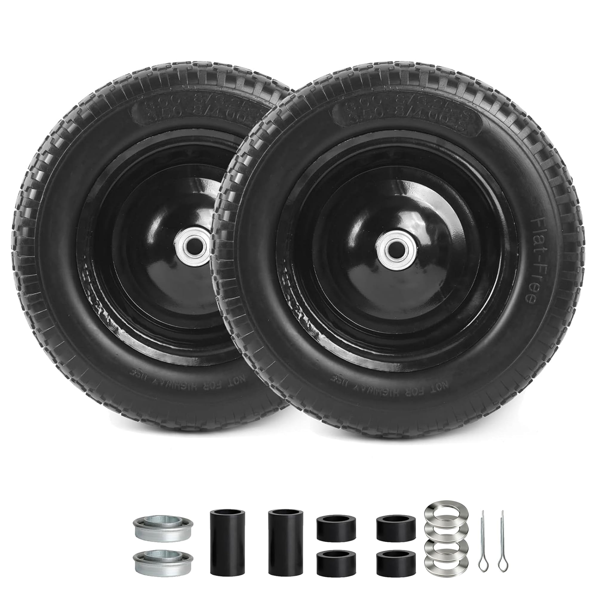 View 1 of (2-PACK) 4.80/4.00-8" Flat Free Tire and Wheel - Universal Fit 14.5" Solid Wheelbarrow Tires with 3" Hub and 5/8" Bearings – Extra Adapter kit includes 3/4" Ball Bearings, 1" and 1/2" Nylon Spacers