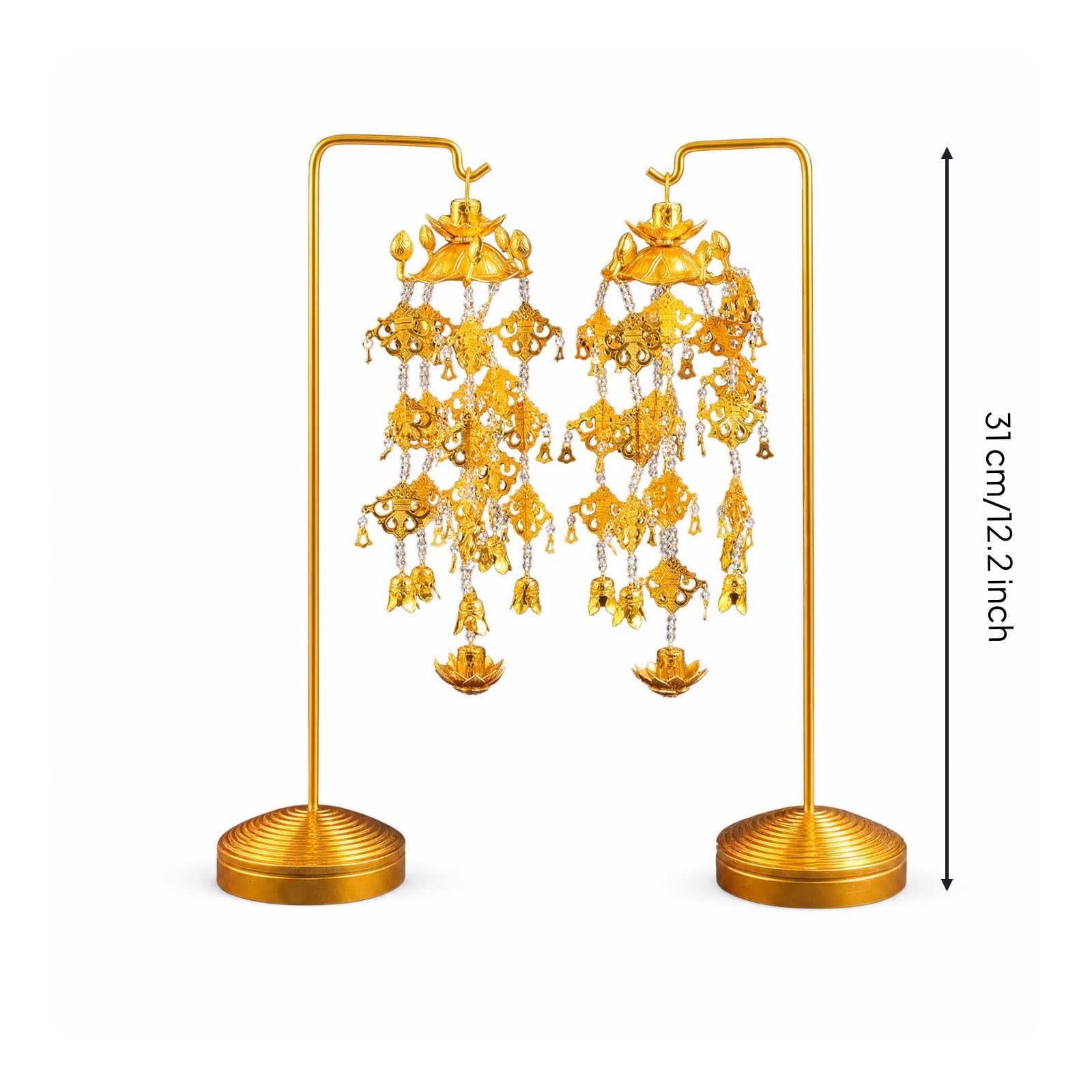 Penntif Doré Ornement Temple Bouddhiste Guirlan pour Bouddhistes, Petit, Yingluo avec Support, Une Paire Hauteur 31 Cm