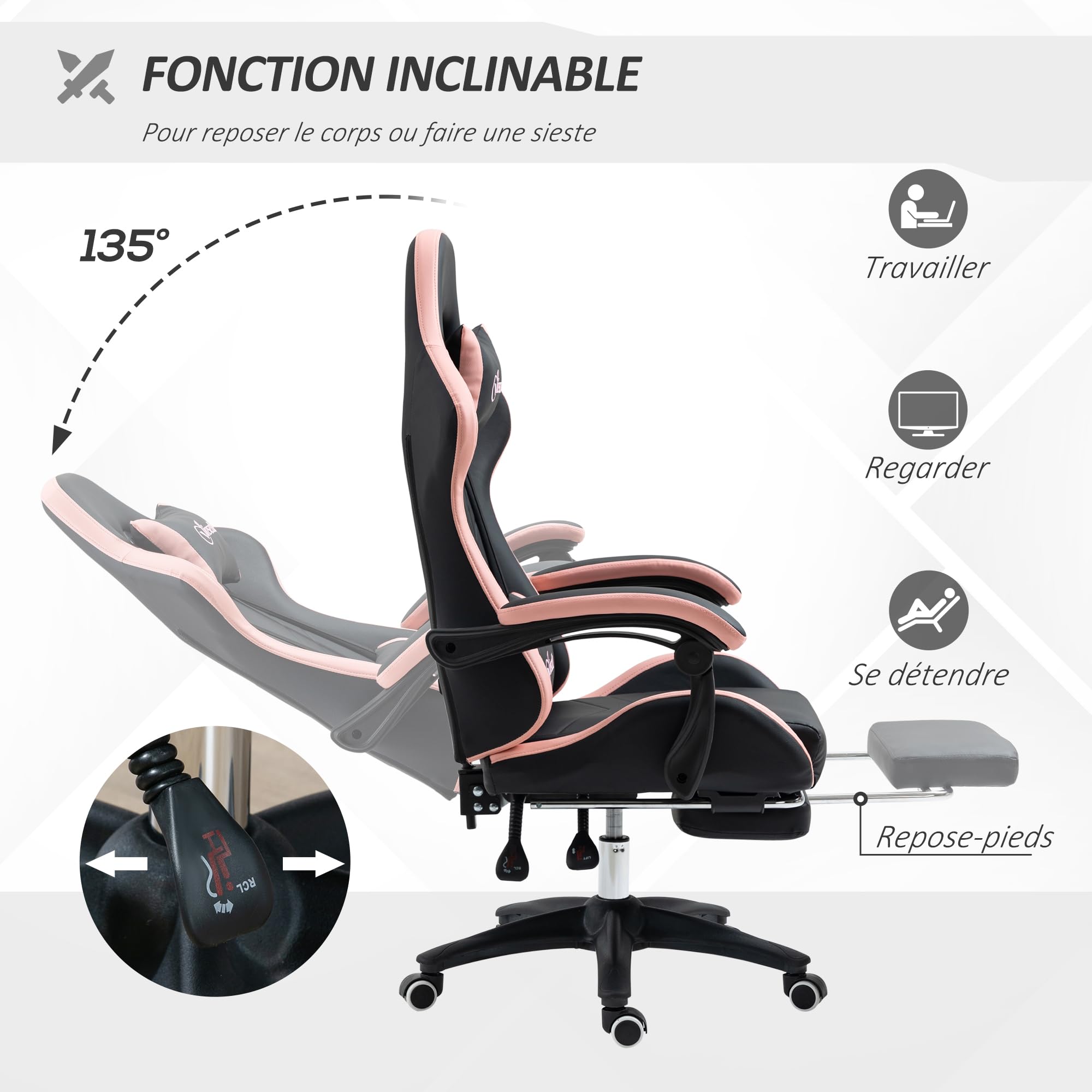 Vinsetto Chaise Gaming Ergonomique Repose-Pieds Télescopique Rose