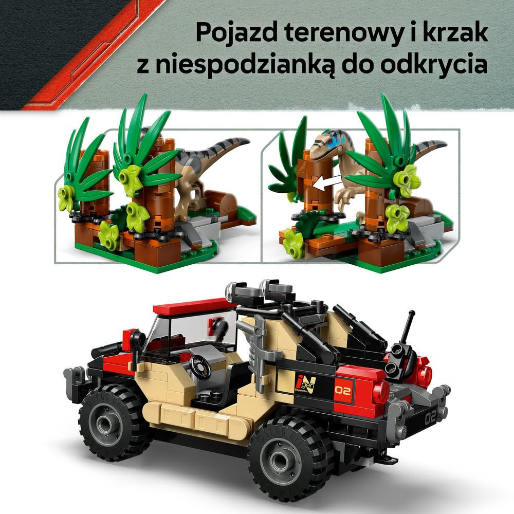 LEGO Jurassic World Ucieczka terenówką przed raptorem, zabawka dla dziecka, dla chłopca i dziewczynki, figurka welociraptora, pomysł na prezent dla miłośników dinozaurów w wieku od 6 lat 76972