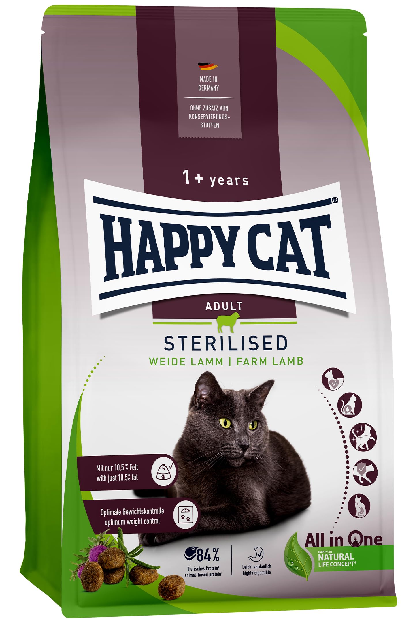 Happy Cat Sterilised Adult Weide Lamm M - Trockenfutter für sterilisierte Katzen und Kater - 10 kg