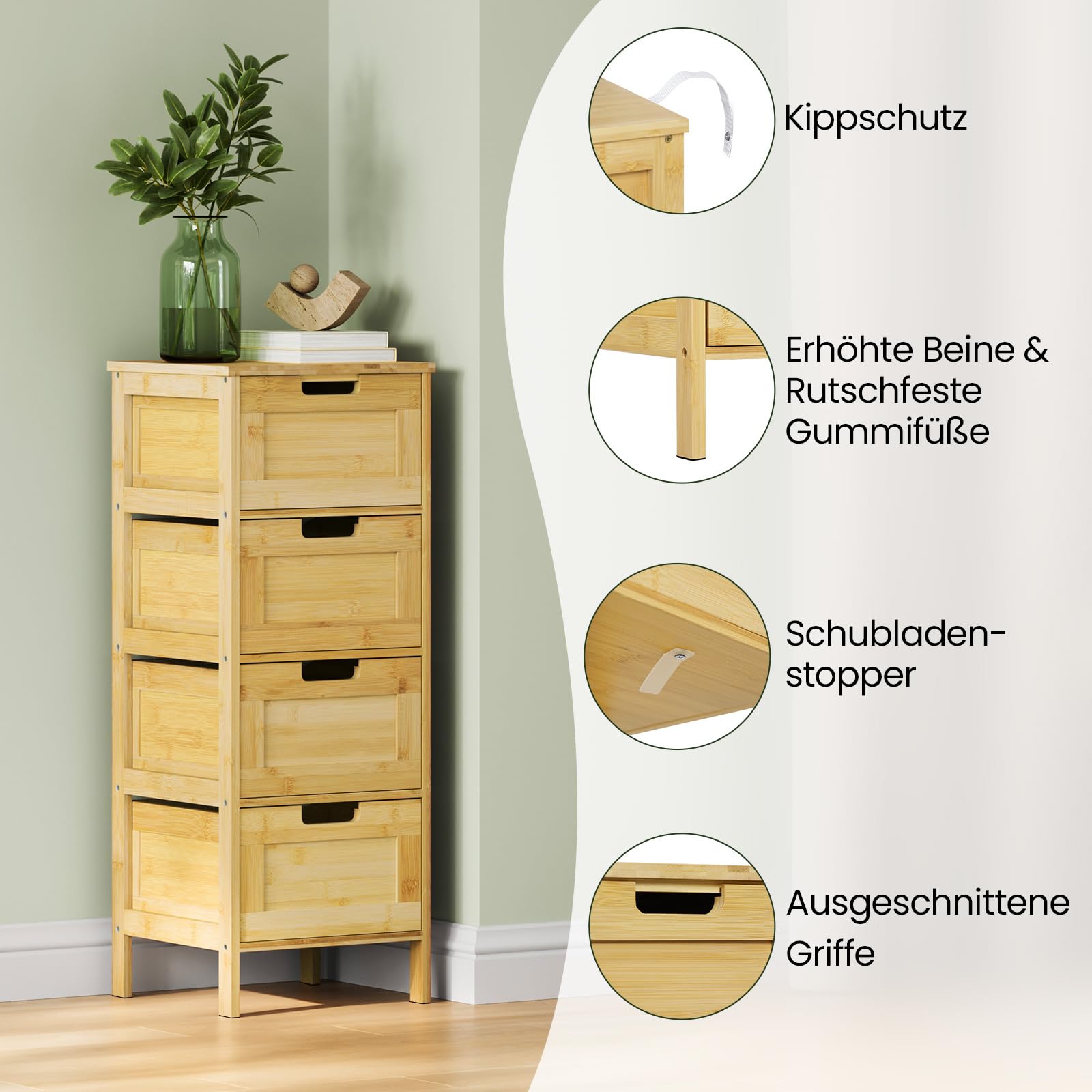 EUGAD Badezimmerschrank, Badschrank Bambus, Badregal mit 4 Schubladen, Badkommode stehend, Beistellschrank für Badezimmer Küche Flur, 30x80x30 cm
