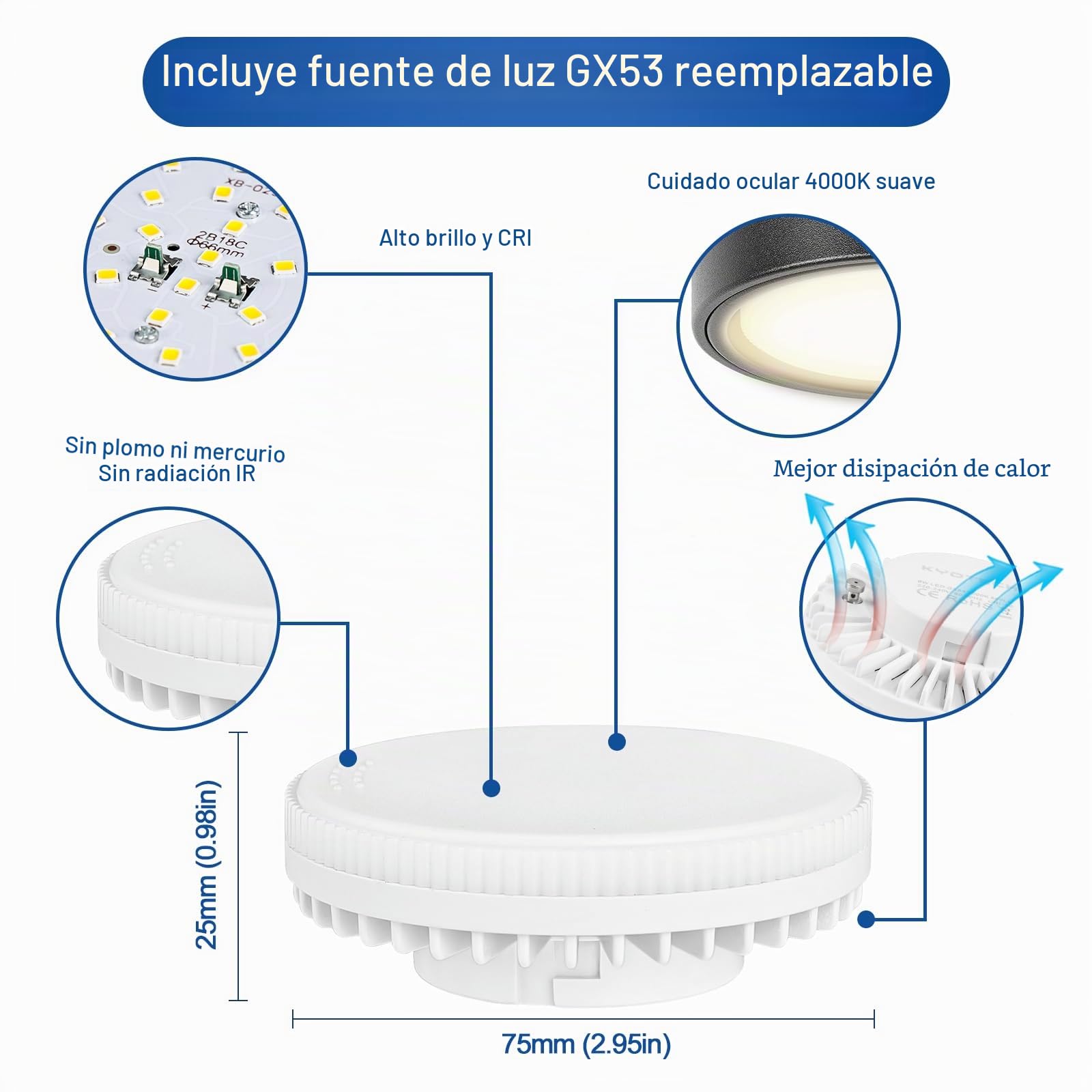 YindaLux Focos LED Superficie Negro extra flaco 220-240V Ø95x55mm Focos LED Techo incl. Bombilla GX53 6W Blanco neutro 4000K 660LM Foco de techo para montaje en superficie con gran superficie luminosa