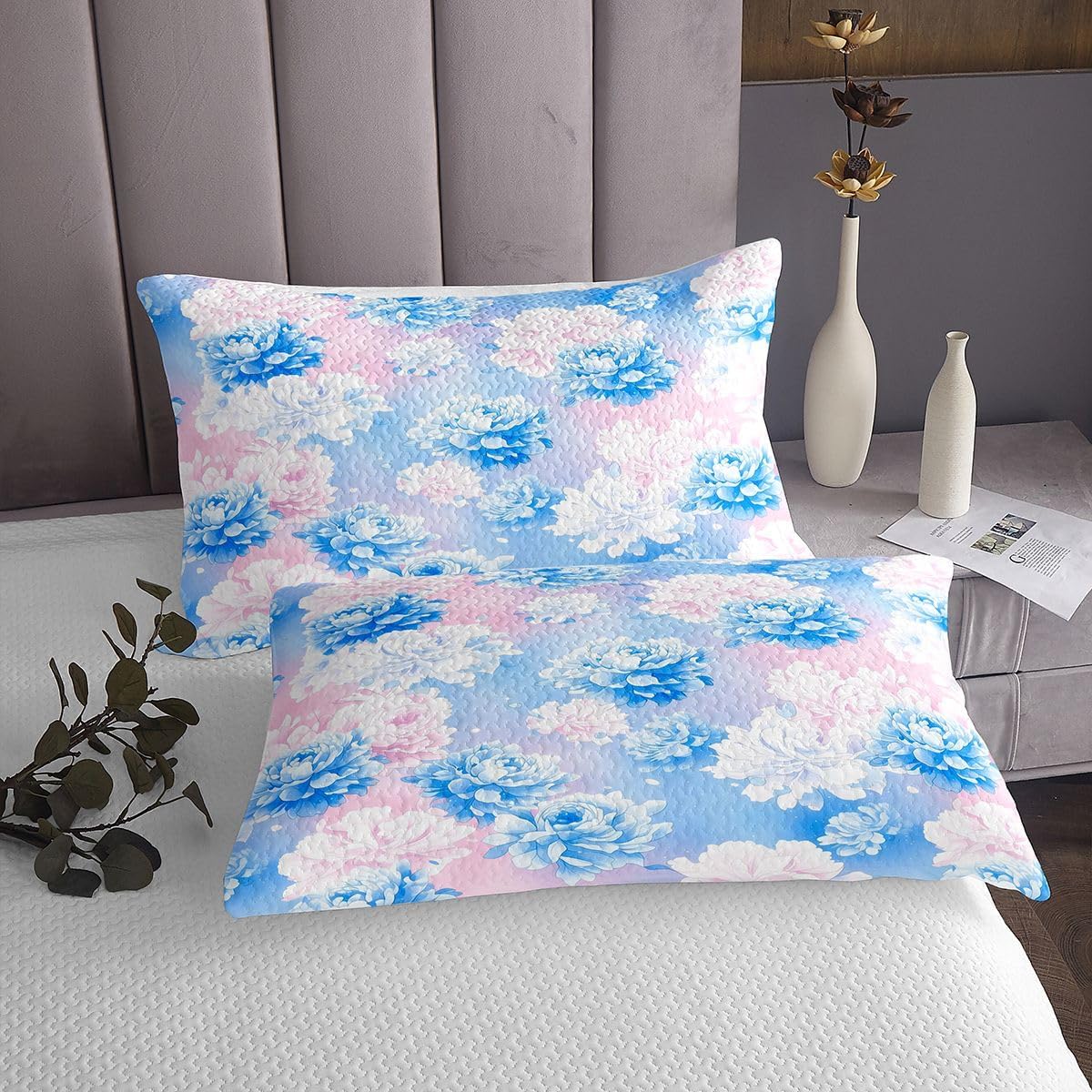 Erosebridal Pink Blue Peony Quilt Set Gradient Bohemian Flowers Queen Bedspread Set | Watercolor Floral Coverlet Sets Dreamy Garden Flower Quilted