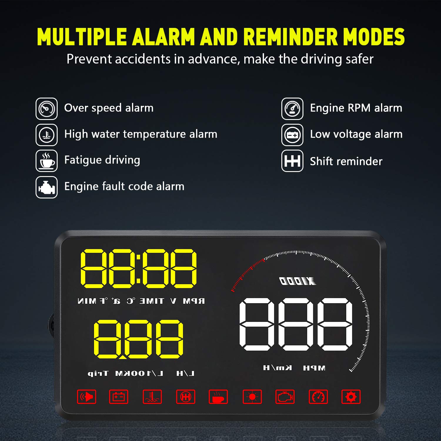 Afficheur HUD pour voiture, Baceyong Car Head-Up Display Projector Digital Speedometer avec écran HD 5,5 pouces Jaune