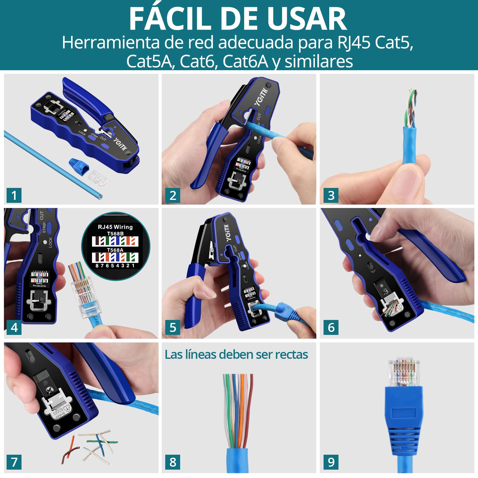 Herramienta de Crimpado RJ45 Kit de Herramienta de Red Alicates de Crimpar para Conectores RJ45 con Cat5/Cat5e/Cat6/Cat6A / Cat 7 8P, con 50x Conectores Pasantes y 50x Tapas Protectoras