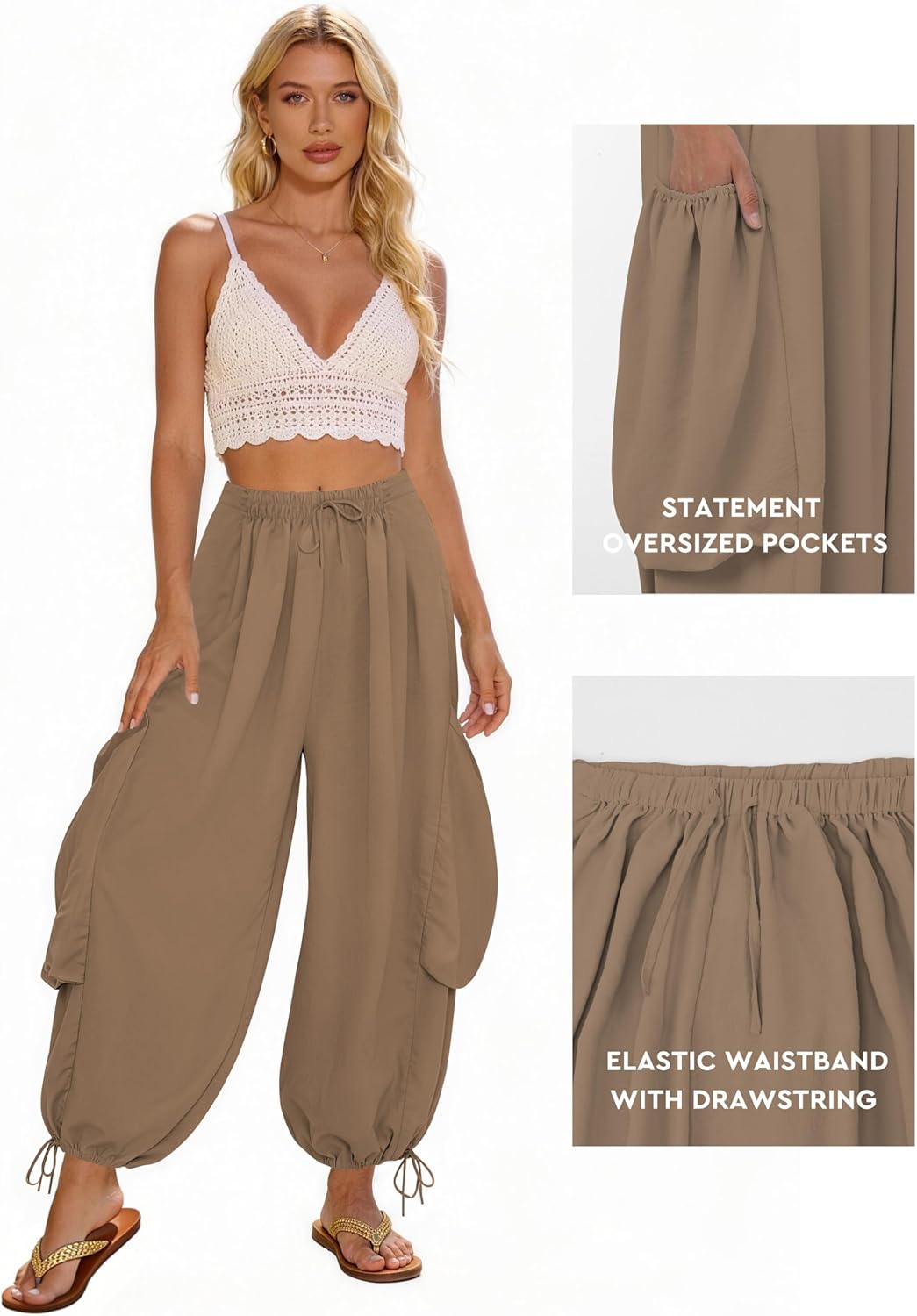 Womens Linen Wide Leg Pants with Drawstring Beach Boho Palazzo Harem Pants with Pockets Baggy Loose Pants for Women - Image 4