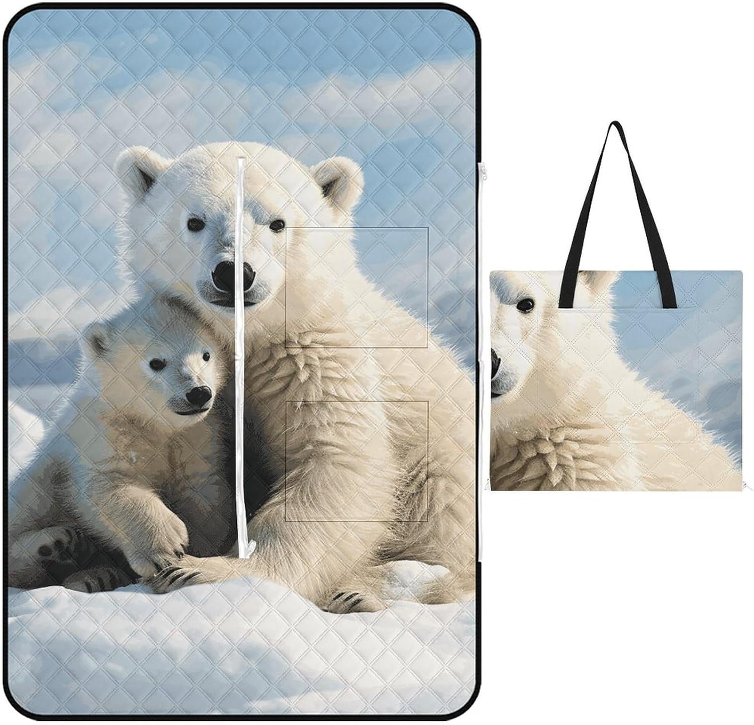 Cute Polar Bear Picnic Blanket 200x200cm, Foldable 2-in-1 Picnic Mat and Tote Bag Portable Waterproof Beach Mat Sandproof Outdoor Blanket for Park, Hiking, Beach, Camping, Travel