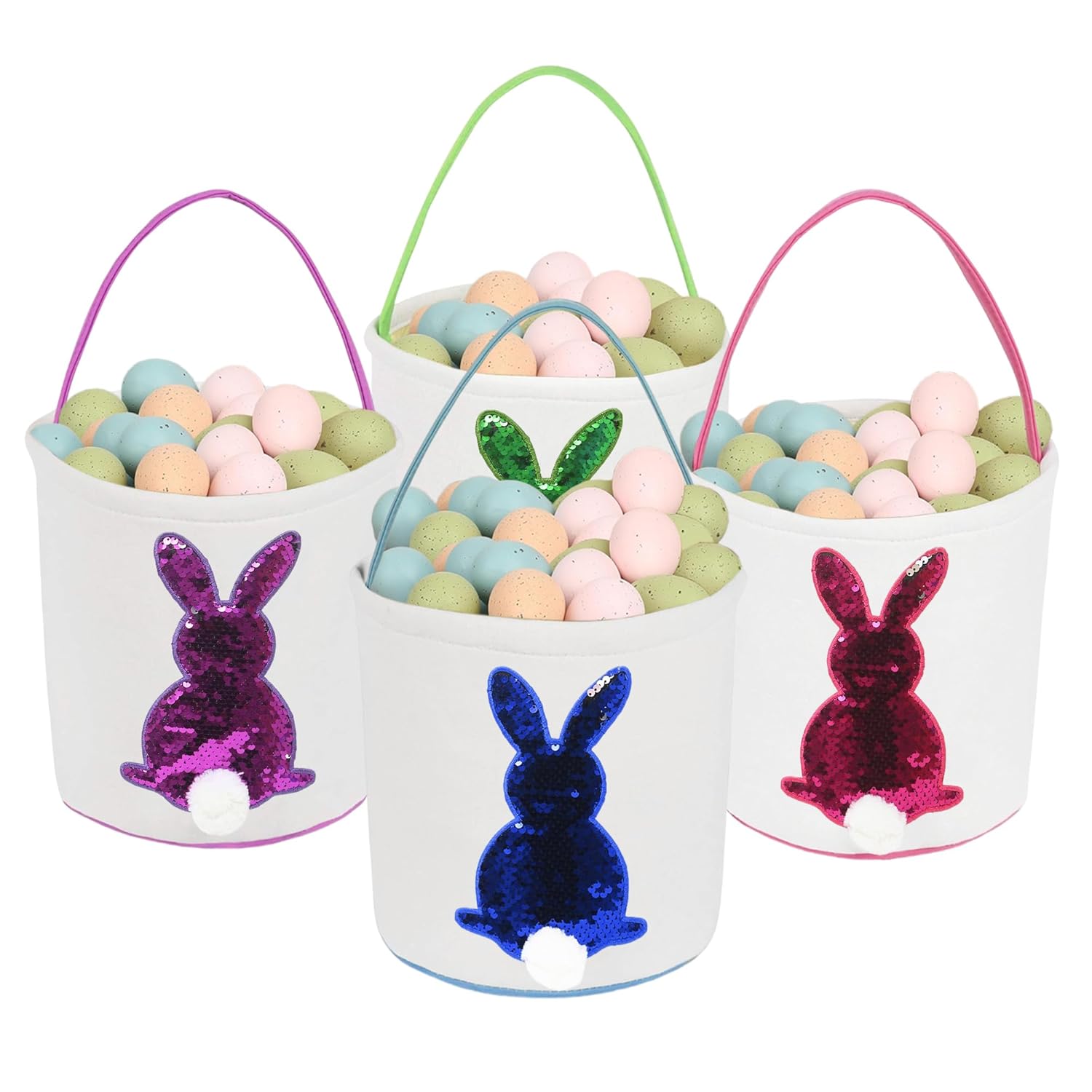 4 Pieces Easter Bunny Basket for Kids, Canvas Cotton Egg Hunt Buckets with Fluffy Tails, Reusable Rabbit Tote Bags for Girls Boys, Multi-Color Easter Party Decor & Gift Storage (Glitter Flip Bunny)