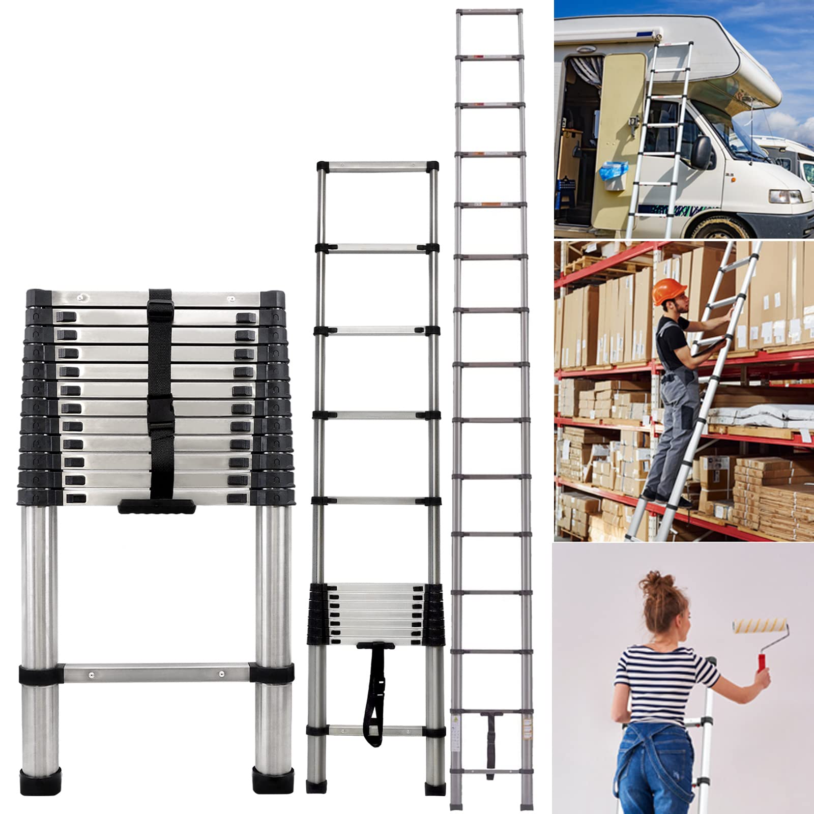 Telescopic Ladder 3.8M Stainless Steel Extension Ladders Multi Purpose Extendable Portable Loft Step Ladder with Non-Slip Rubber Feet, Retraction Folding Roof Ladder for Indoor Outdoor Activities