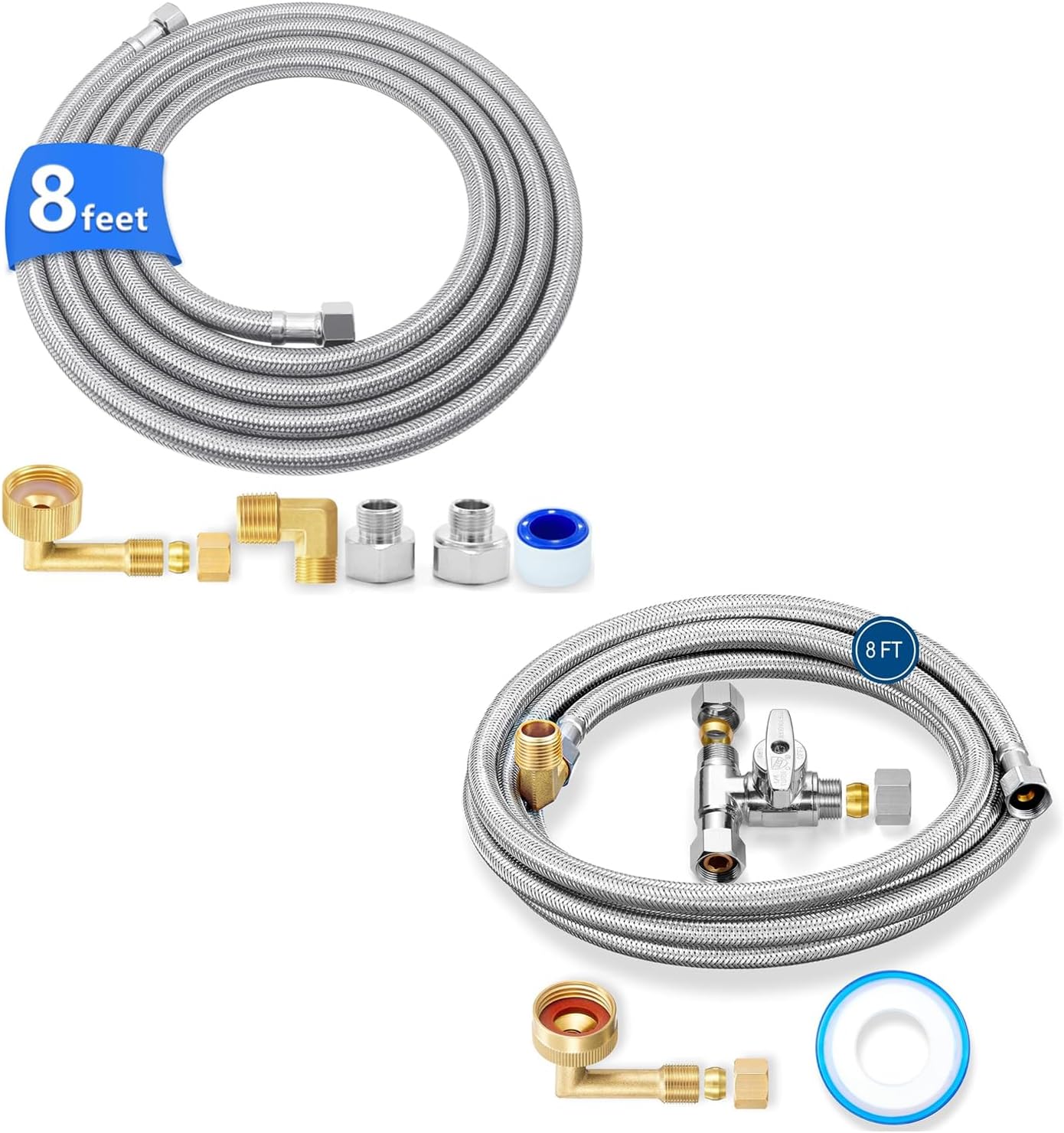 8 FT Stainless Steel Dishwasher Hose with 3/8" Compression Connections(2pcs),Food Grade PEX Inner Tube Dishwasher Water Supply Line with Elbows(2pcs) and Adapters,Tee Stop Valve