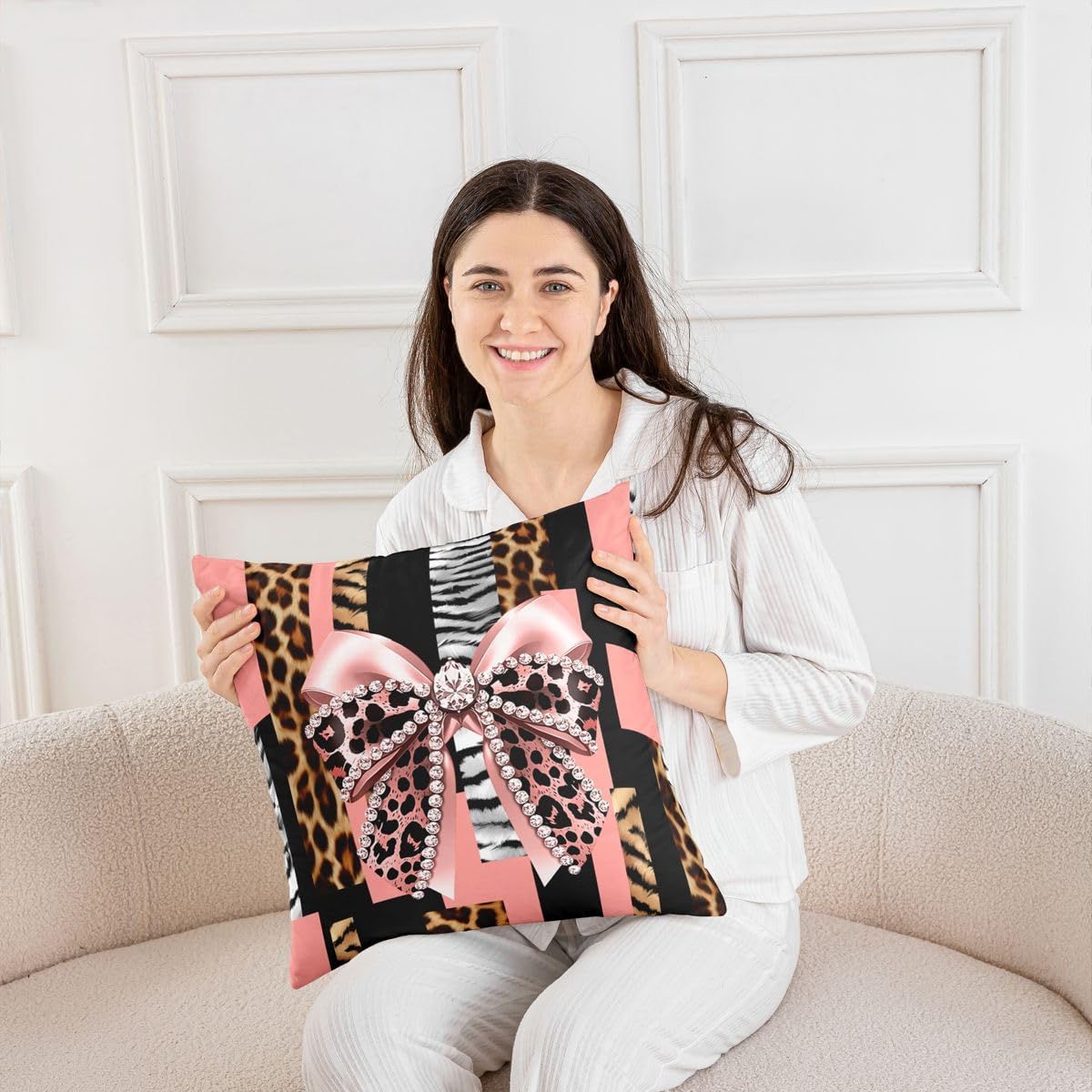 Feelyou Light Pink Bowknot Throw Pillow Covers Set of 2 Girls Leopard Print Decorative Pillowcase Cheetah Cushion Covers for Sofa Couch Bed Cushion Case Bow Knot Print Home Decor 24 x 24-Inch