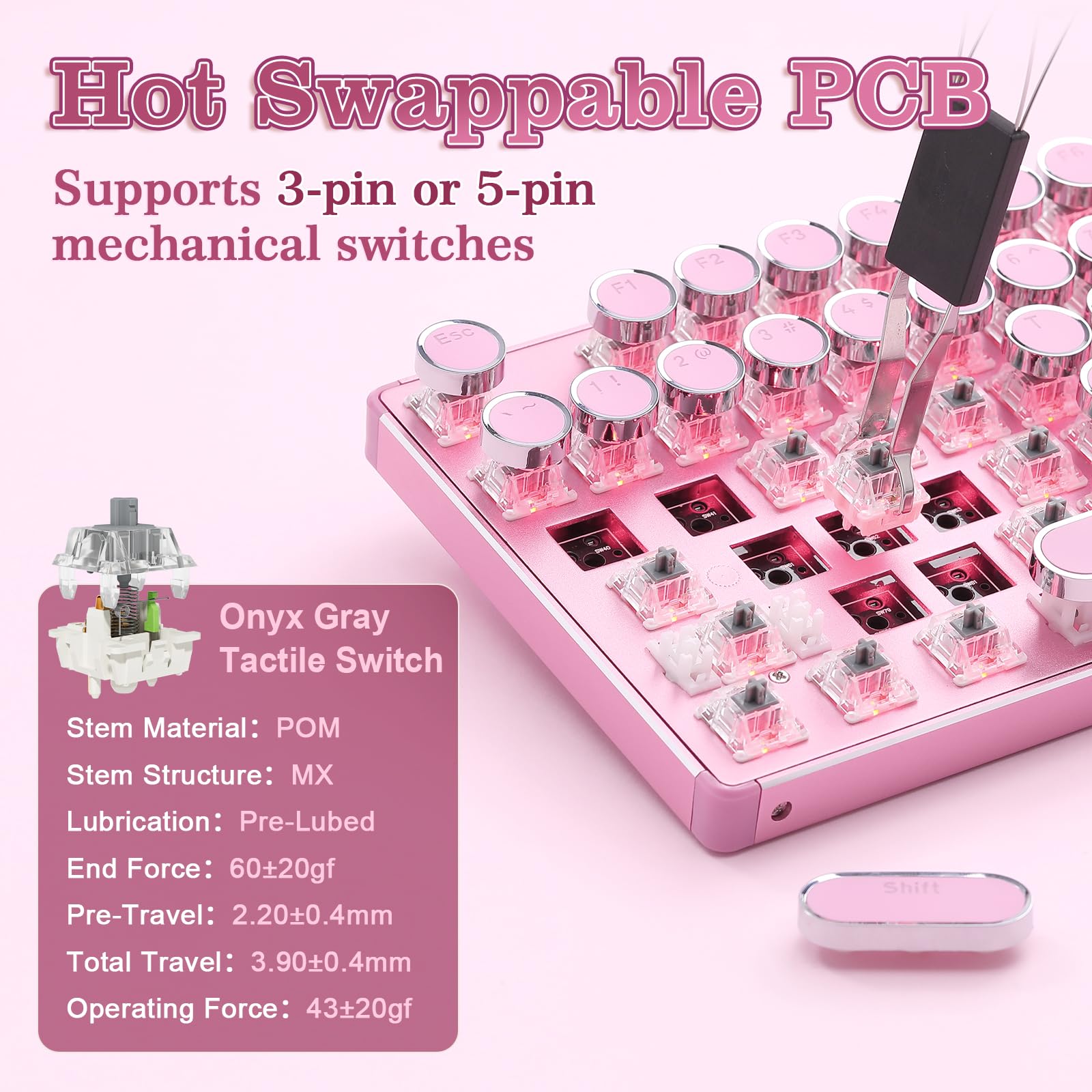 YUNZII QL108 Teclado Mecánico Retro con Cable para Gamer (Rosa, Onyx Gray) | 100 % Hot-Swap, Retroiluminación RGB, Panel Metálico de Estilo, US ANSI, Teclas Redondas para Windows/Mac