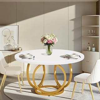 47” Round Dining Table Seats 4-6, Modern Scratch-Resistant Heat-Safe Finish Table, Heavy-Duty Steel Geometric Base Holds 250 lb, Wood Dinner Table Coffee Table for Kitchen/Office/Café (White & Gold)