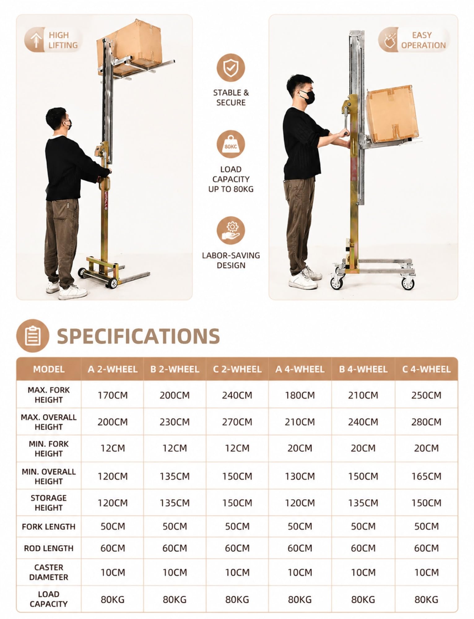 Tragbarer Materialhebewagen, manueller Schrankheber mit Seilwinde für Lager | Ein-Mann-Bedienung von Hebegeräten for die Montage von Deckenschränken und Trockenbauplatten(C Two wheels 240 cm/7.87 ft)
