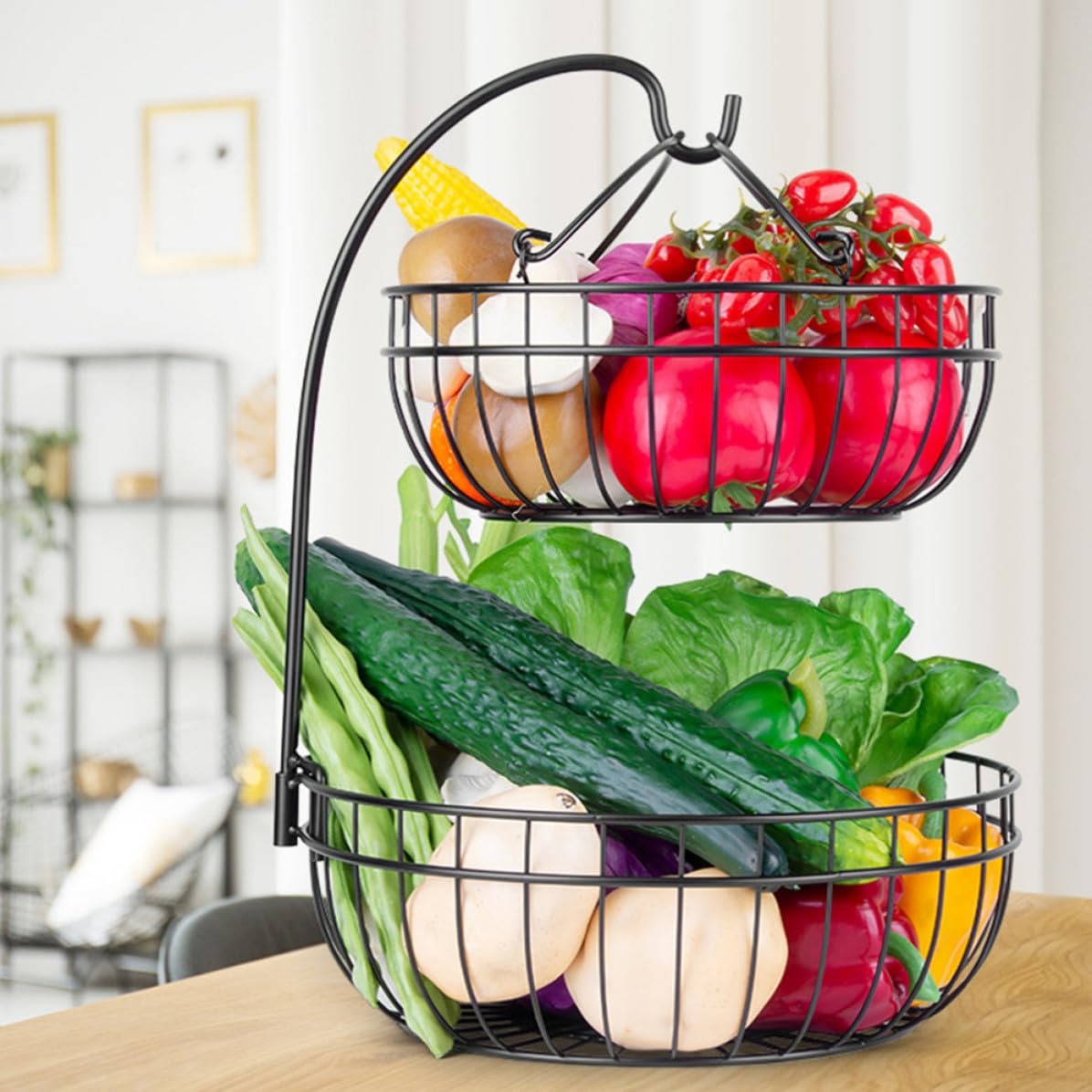 Portafrutta in Ferro a Doppio Strato, Nero per Tavolino