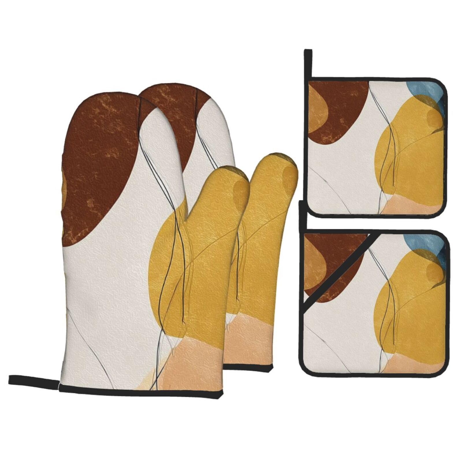 Guantes Horno Profesional Color De Chocolate Beige Guantes Horno un par y 2 Manteles Aislados, para Cocinar Barbacoa, Parrilla Impermeable, Resistente al Aceite y al Calor