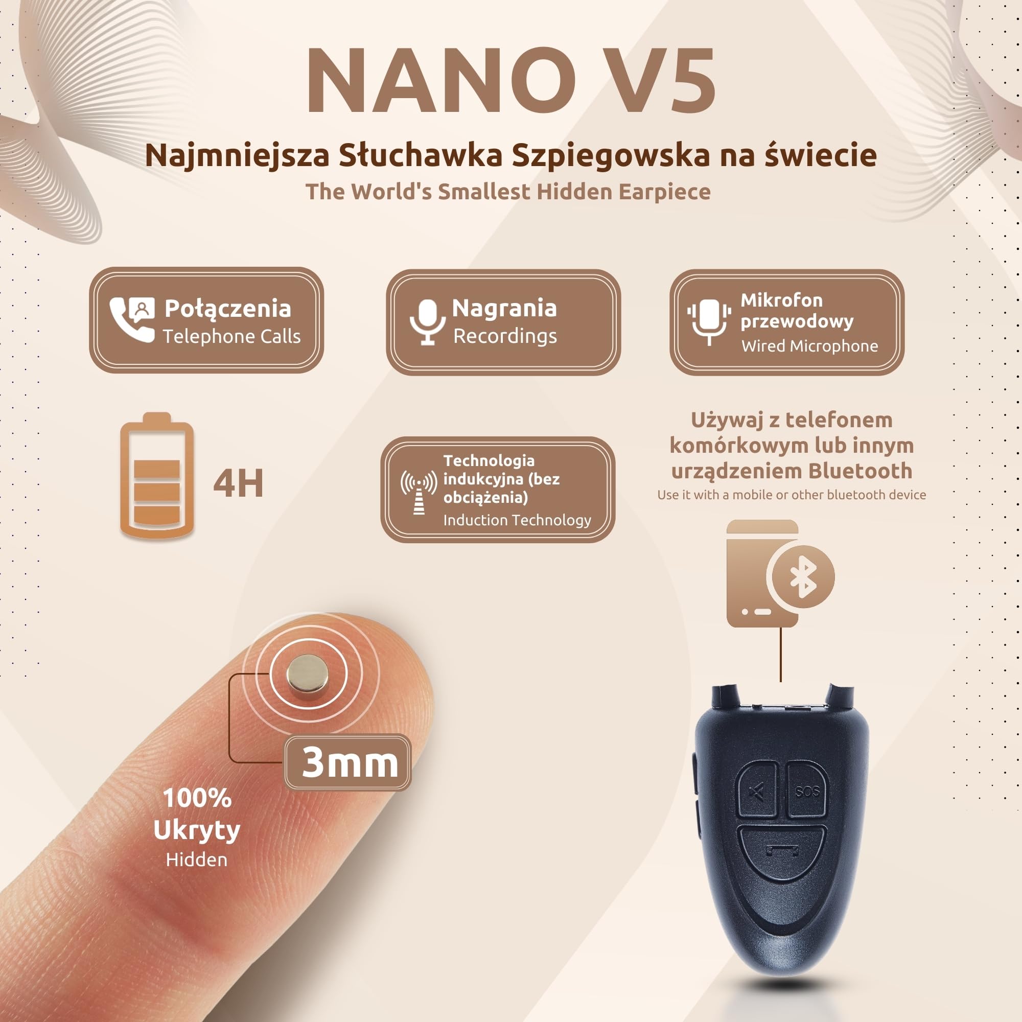 PingaOculto Bluetooth Słuchawka Szpiegowska na Egzamin Przewodowy (Nano V5) | Mikrofon przewodowy, Rozmowy i nagrania, iPhone i Android, Niewidoczna, Bezprzewodowa słuchawka, Ukryta słuchawka