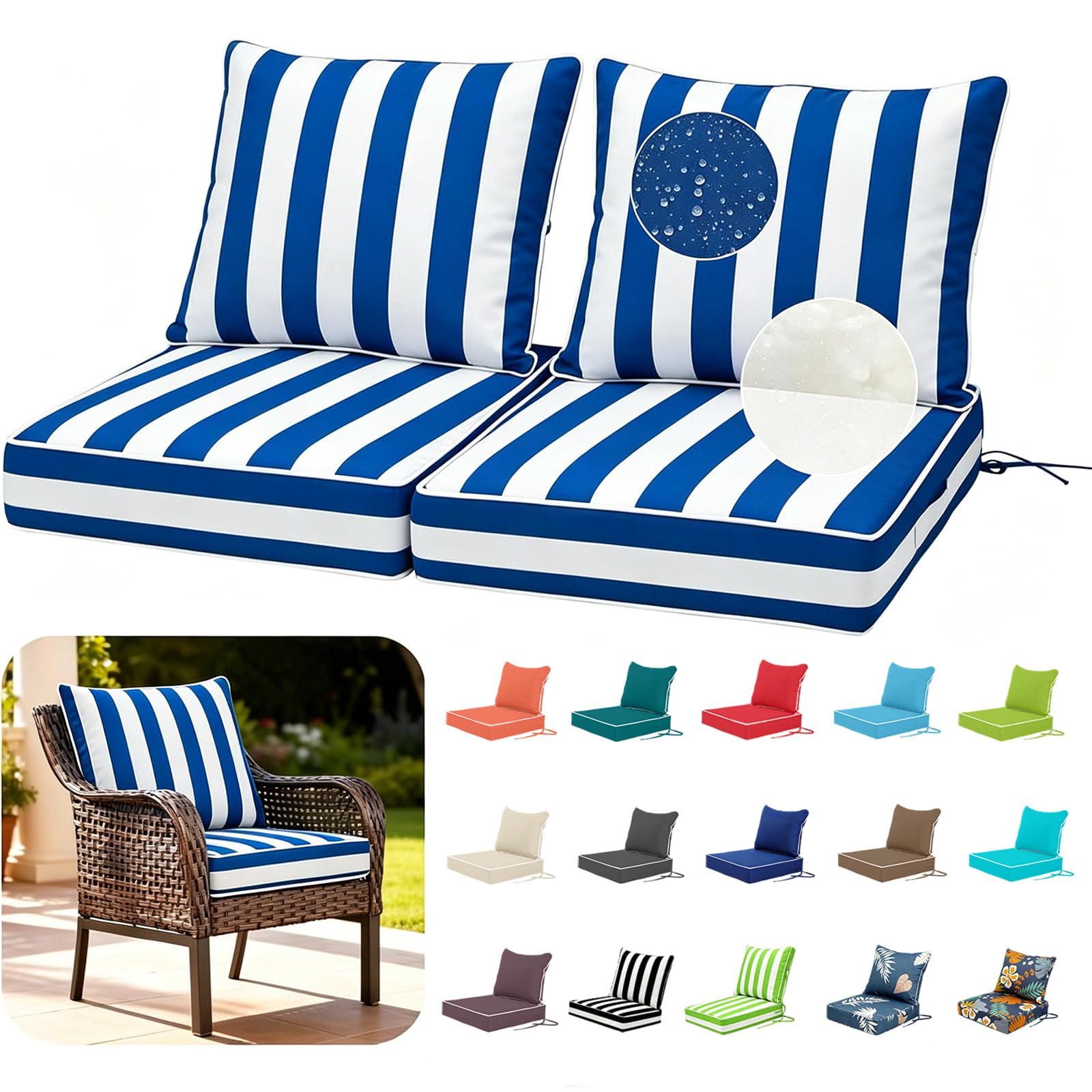 Outdoor Cushion for Garden Furniture, Water-Repellent Chair Cushion, Set of 2, Chair Cushions with Ties and for Indoor and Outdoor Use, Chair Cushion, Patio Chair Seat Cushion (Blue/White, 61 x 61 x