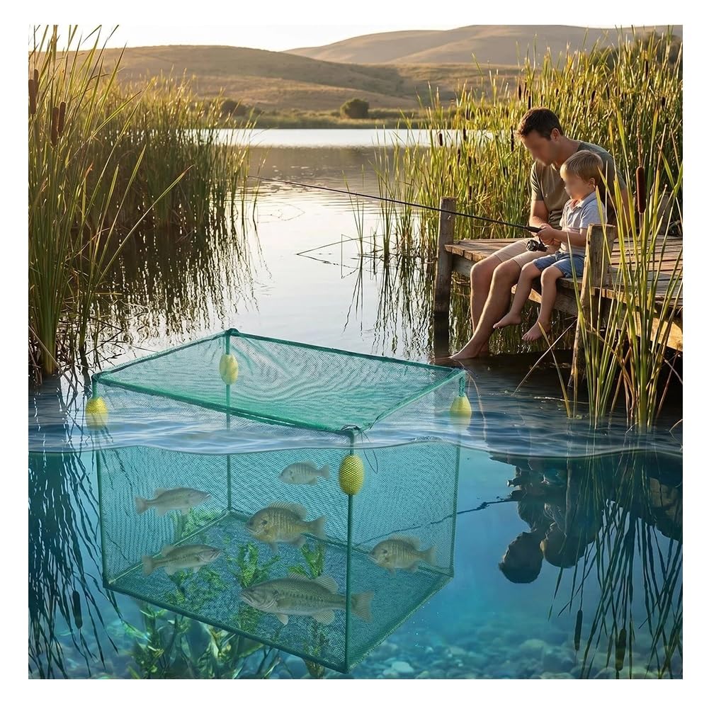 Aquaculture Net Cage, Nylon Mesh Net & Plastic Coated Steel Frame, Floating Fish Well Basket for Anglers' Bait, Shrimp