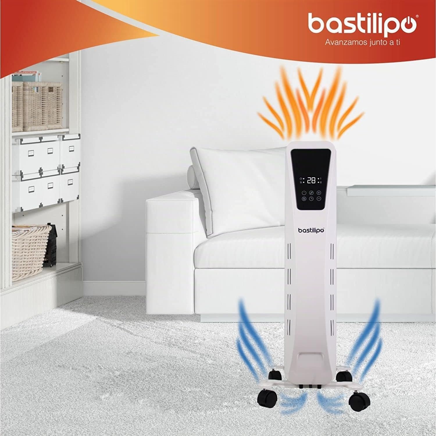 Bastilipo - Fenix2-2000, Radiador de aceite - 2000W potencia - Pantalla LED táctil - 3 niveles de potencia - Efecto Chimenea - 9 Elementos, color blanco